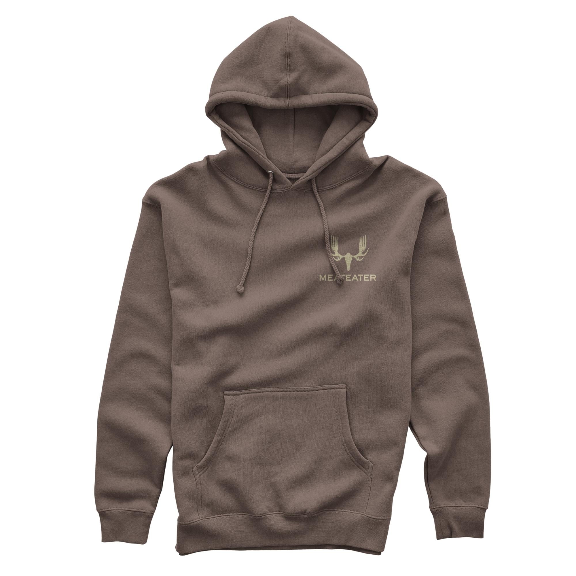 Brown hoody with a MEATEATER logo on the left chest, it has a drawstring hood, and kangaroo pocket.