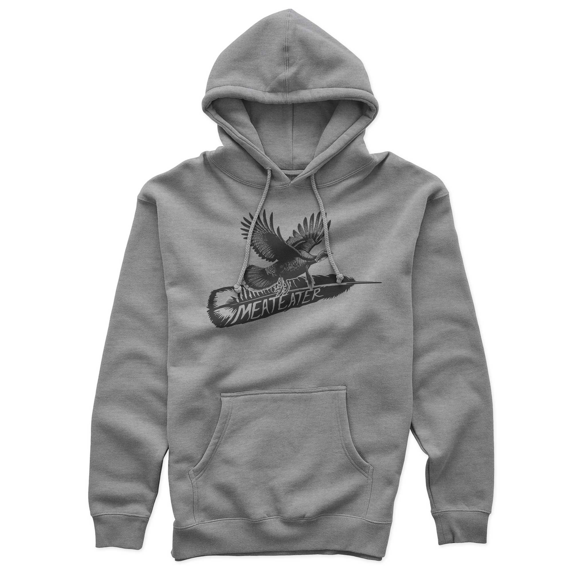 Grey hooded sweatshirt with a tom turkey flying overlaying a turkey feather with text "MeatEater"