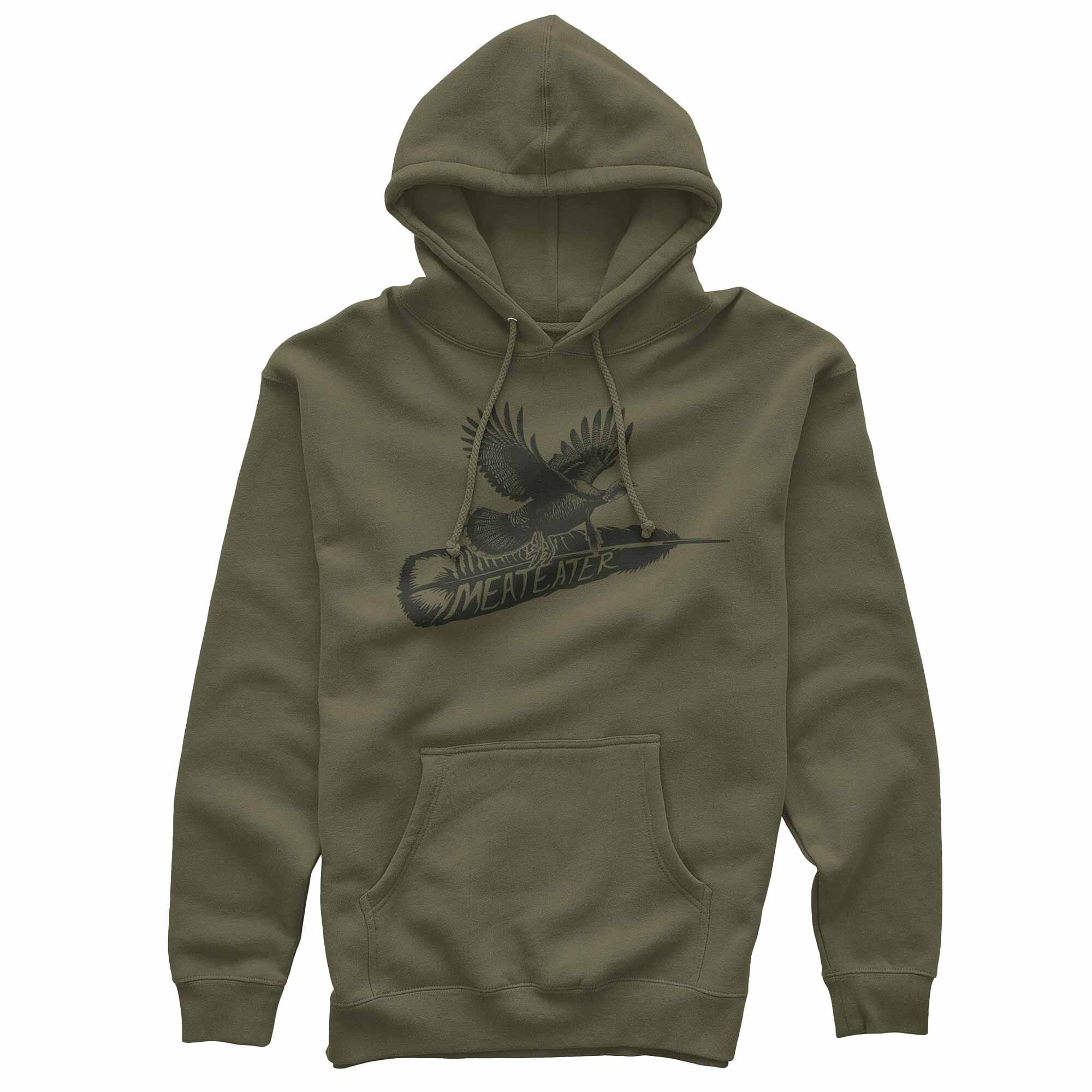 Olive green hoodie with dark grey turkey on feather & MEATEATER text graphic.