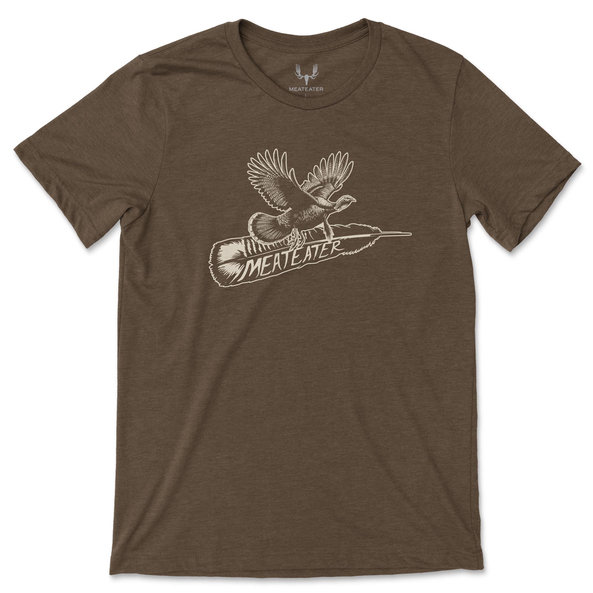 Brown t-shirt with a graphic of a turkey and 'MeatEater' branding on a white background