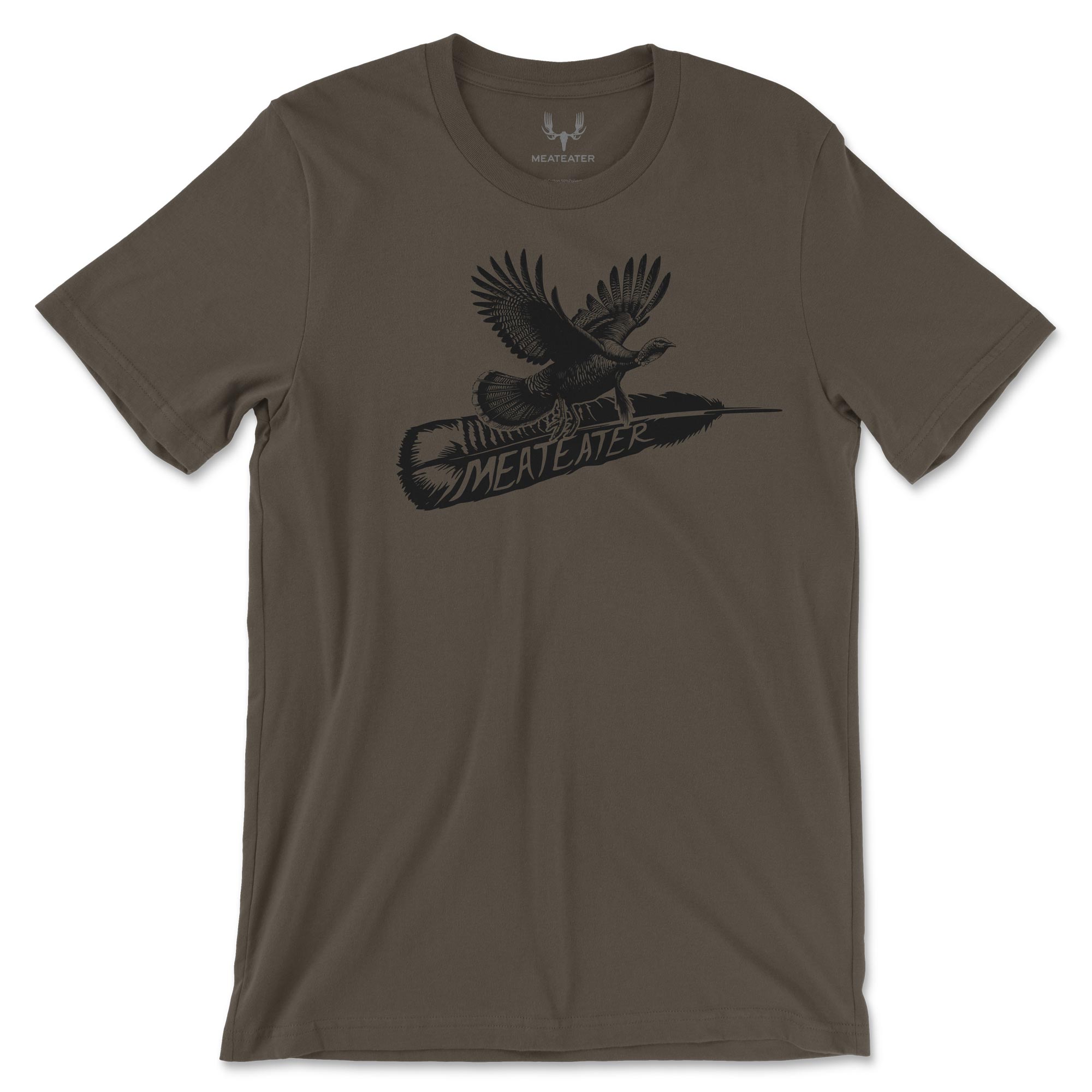 Brown t-shirt with black graphic of an turkey and 'MeatEater' text on a white background
