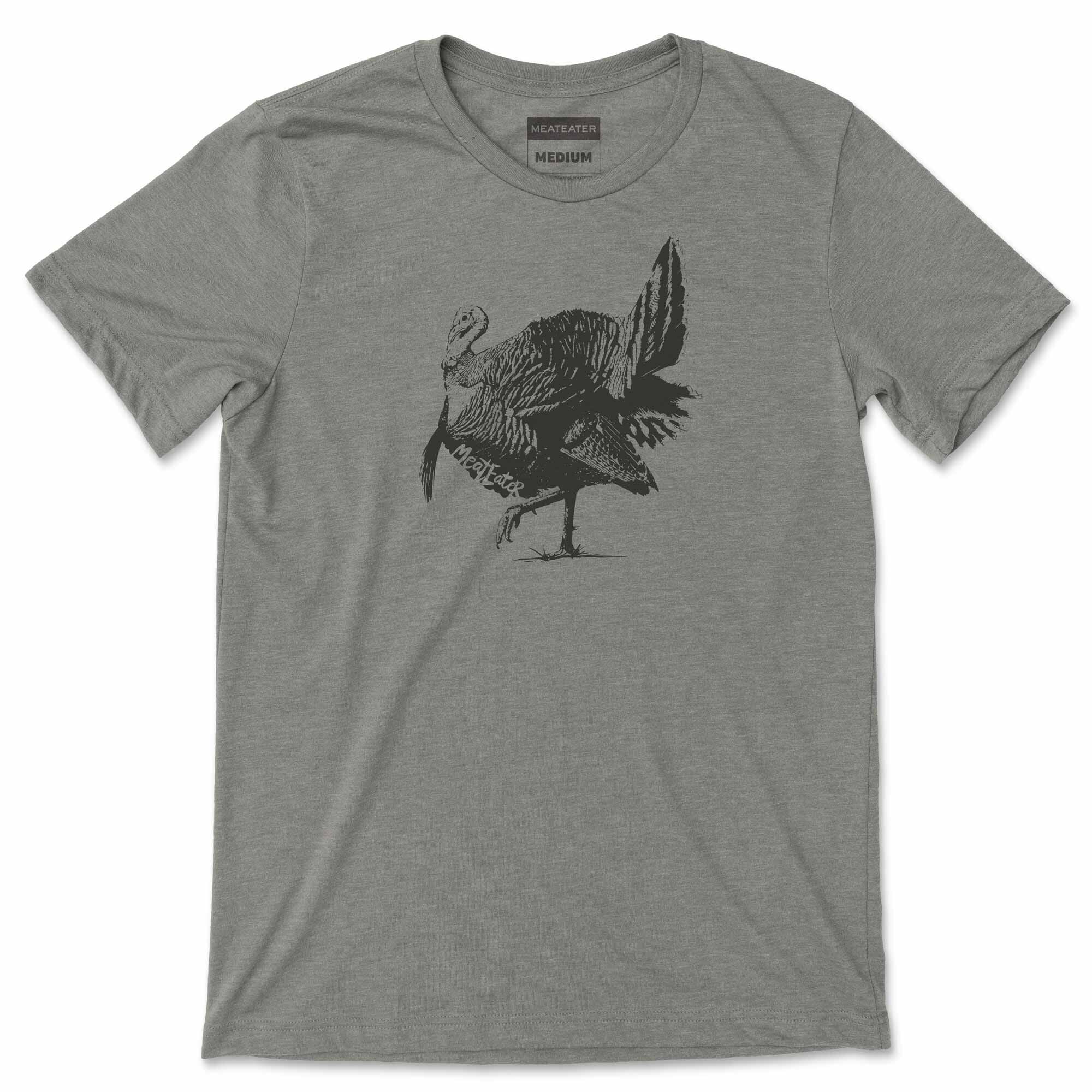 Gray Meateater t-shirt featuring a black turkey graphic on one leg.