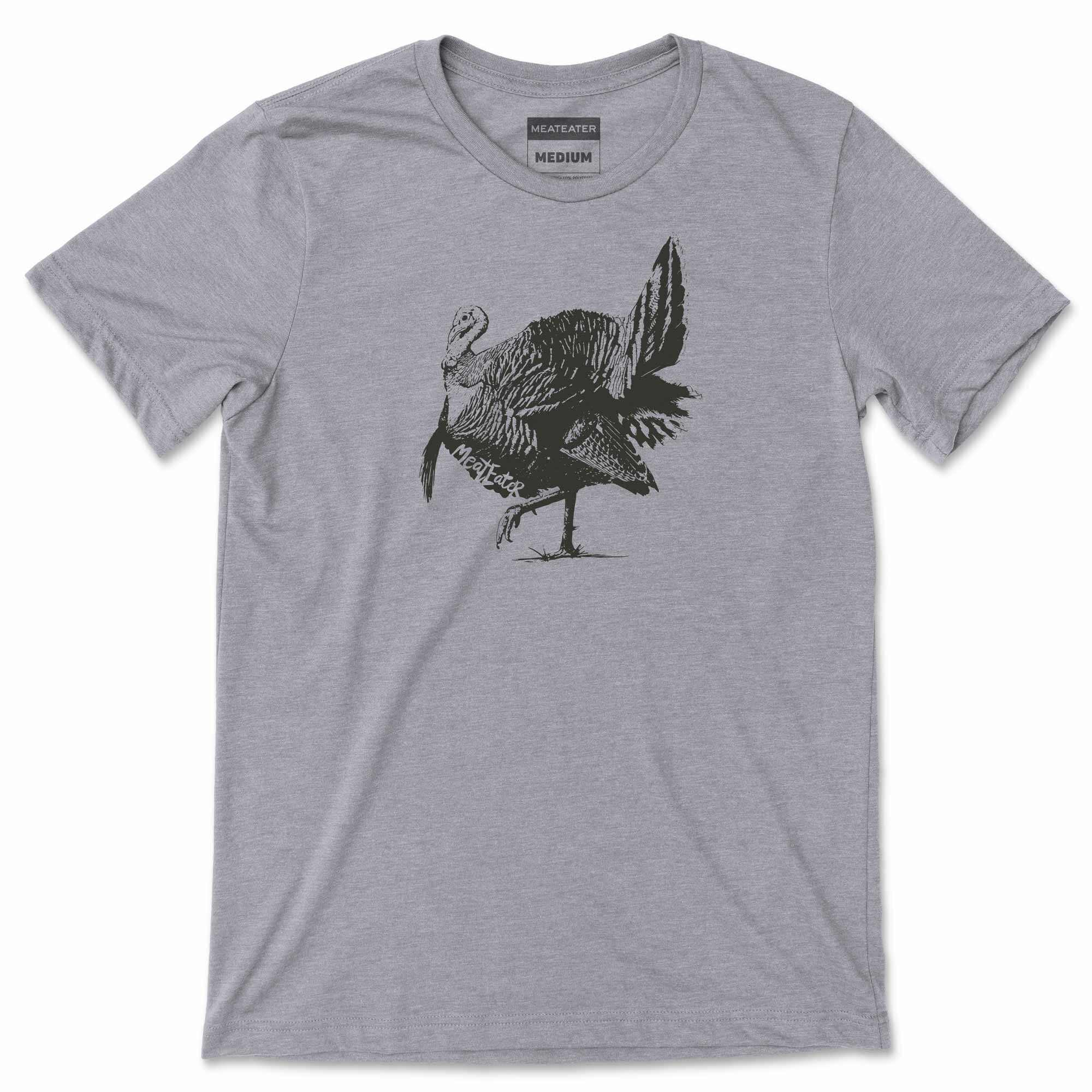 Heather grey t-shirt with a black wild turkey graphic and "MeatEater Medium" label.