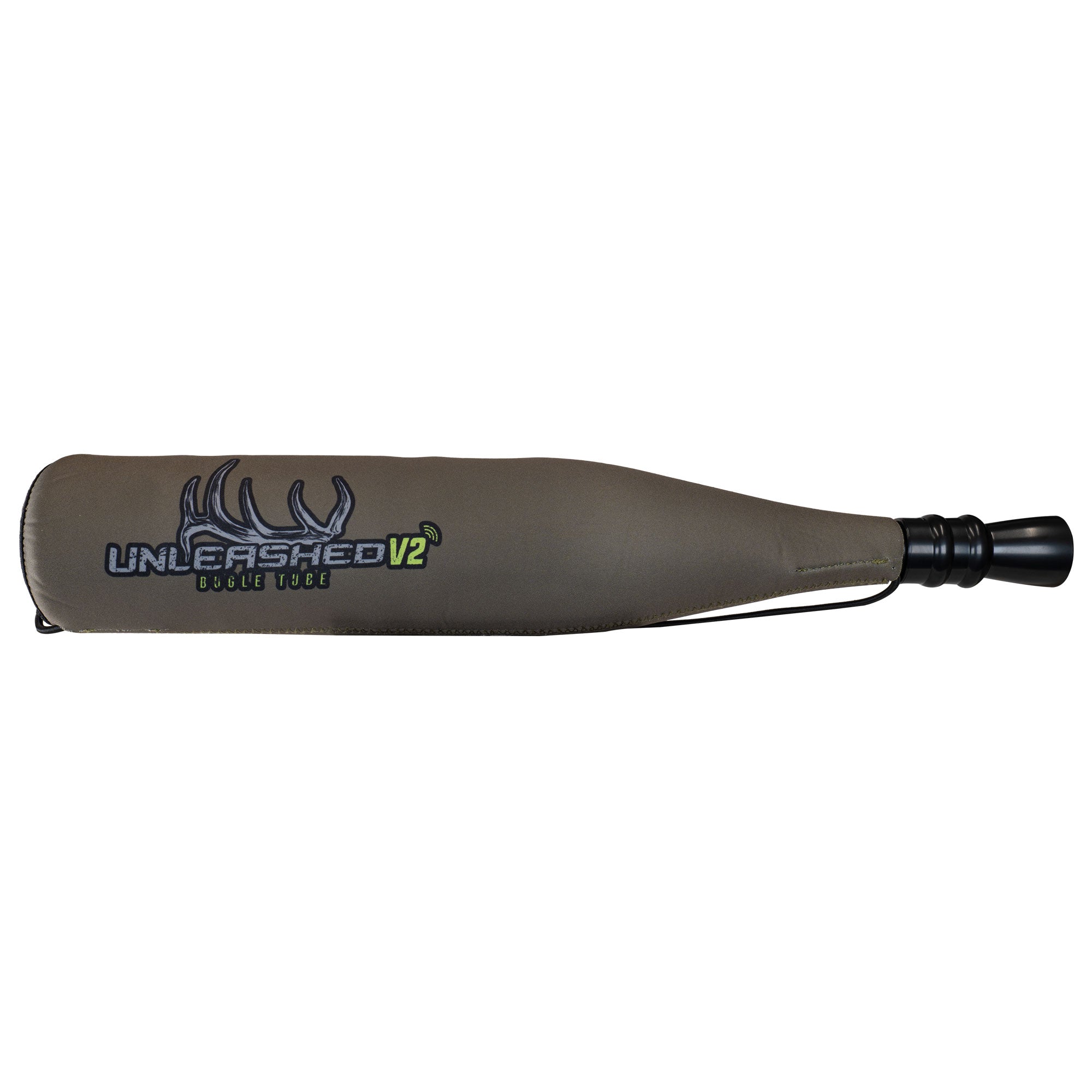 Olive green Unleashed V2 bugle tube with antler logo and black mouthpiece.