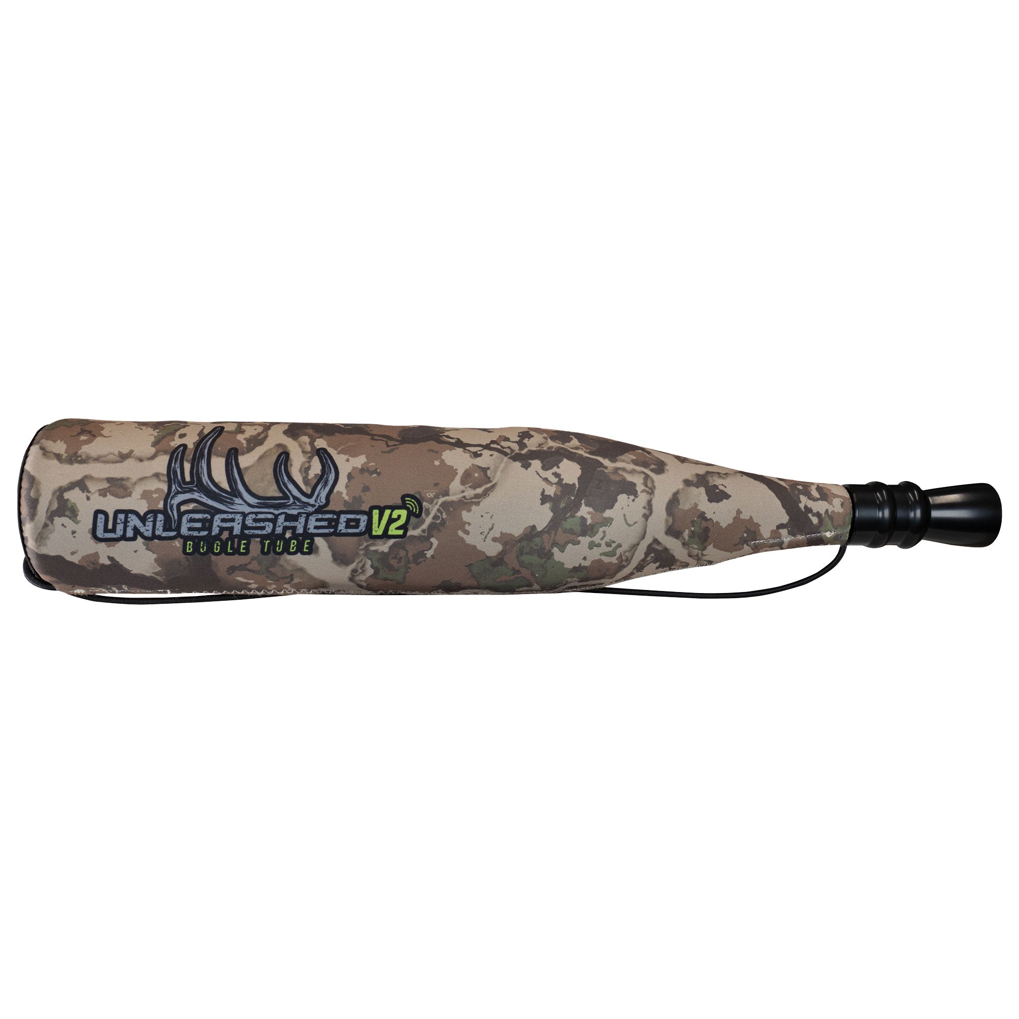 Camo elk bugle tube with "UNLEASHED V2" logo, antler graphic, and black mouthpiece.