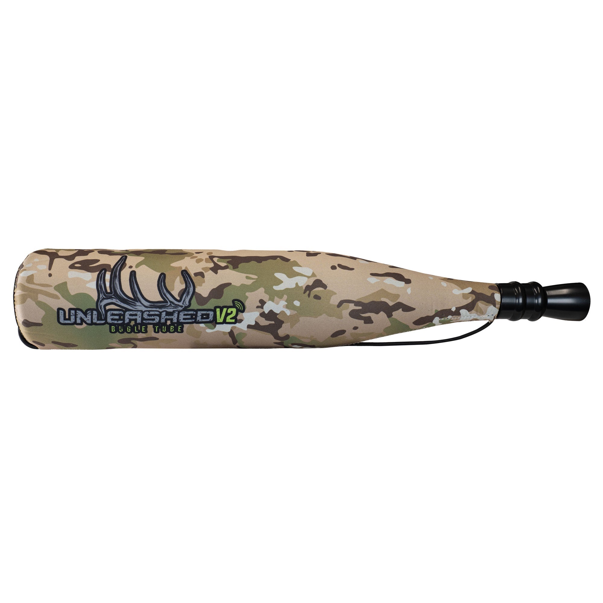 Multicam bugle tube with black mouthpiece, antler logo, and 'UNLEASHED V2' text.