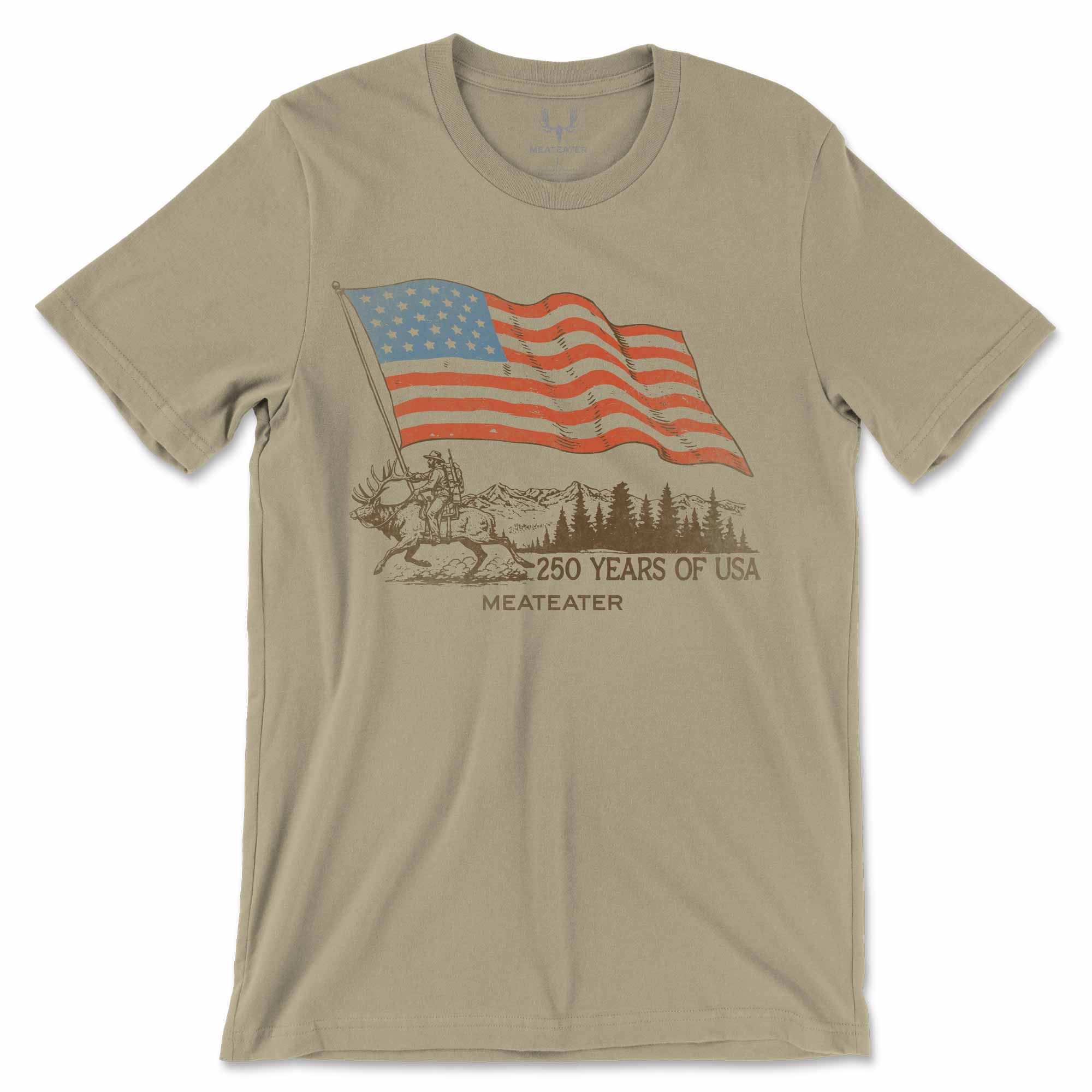 Khaki t-shirt with American flag and elk graphic on a white background