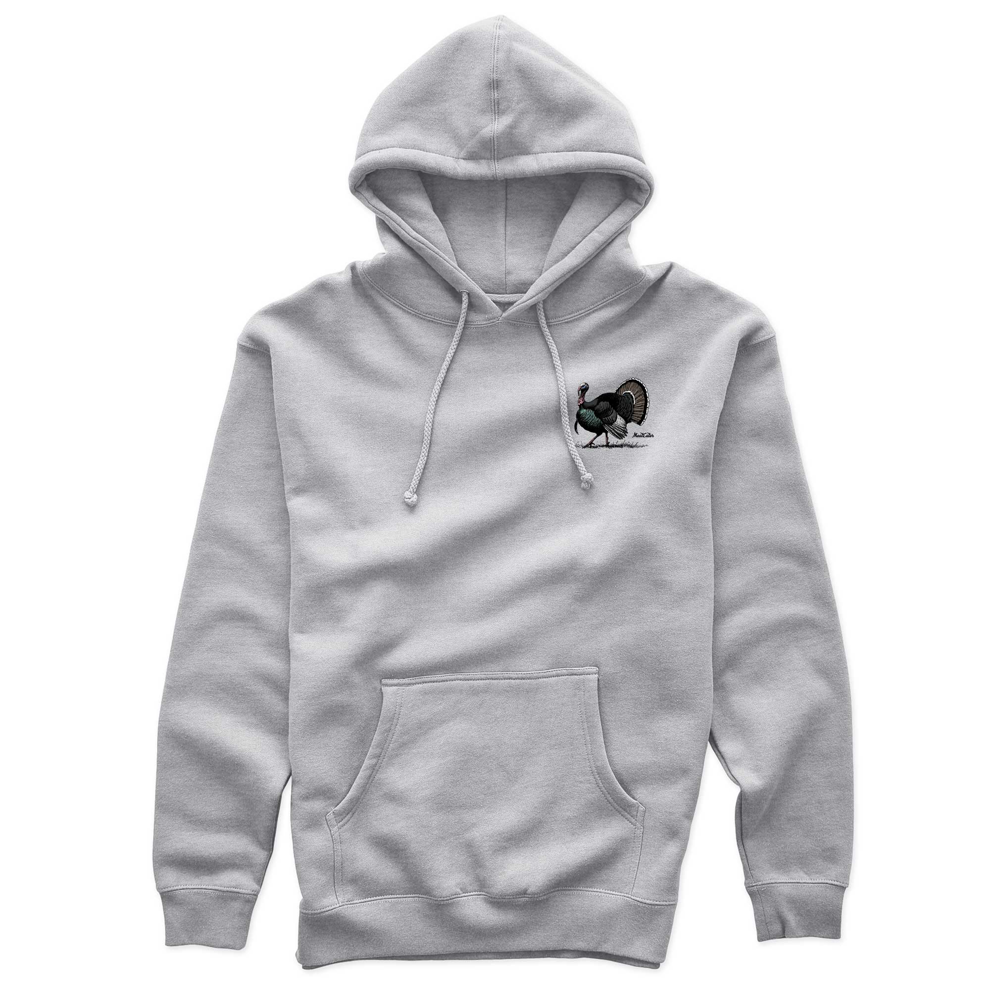 Gray hoodie with a small turkey graphic on the chest against a white background