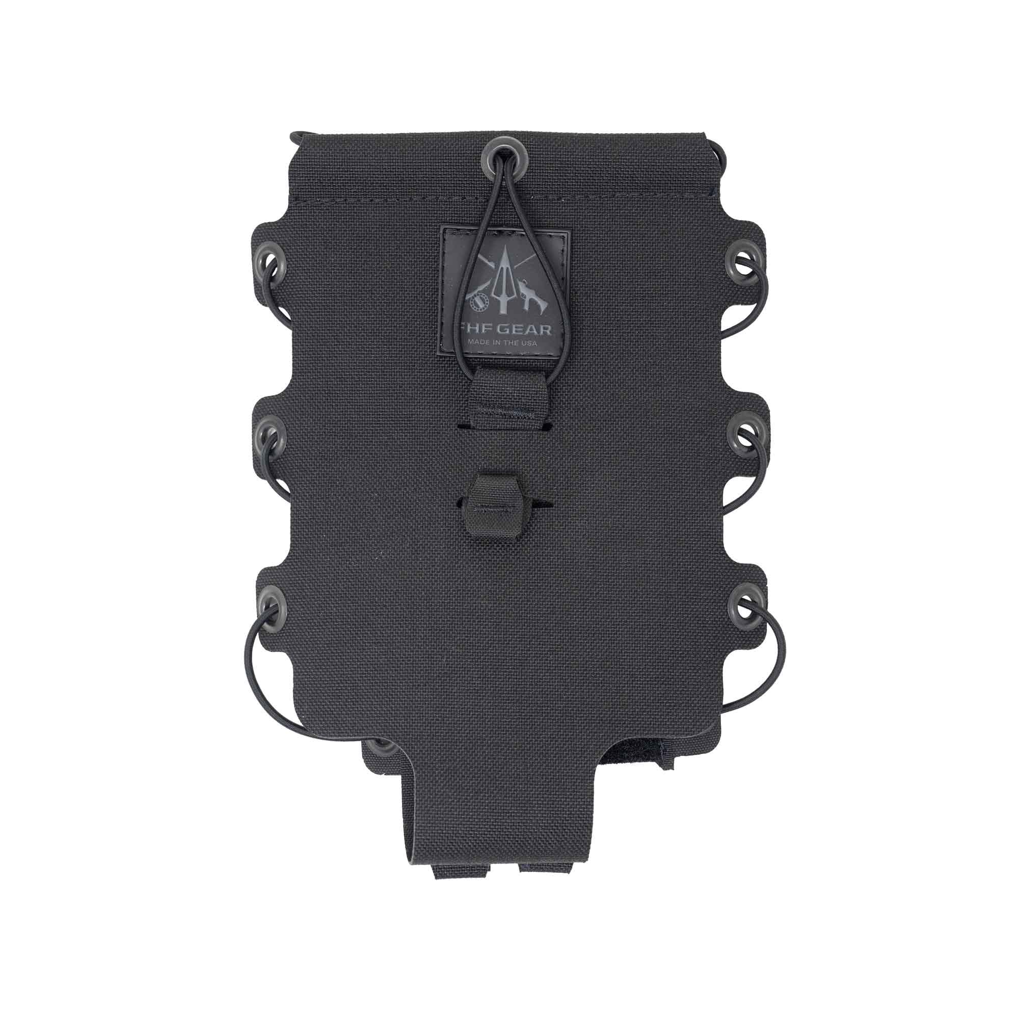 Black tactical pouch with side bungee lacing through grommets and FHF GEAR patch.