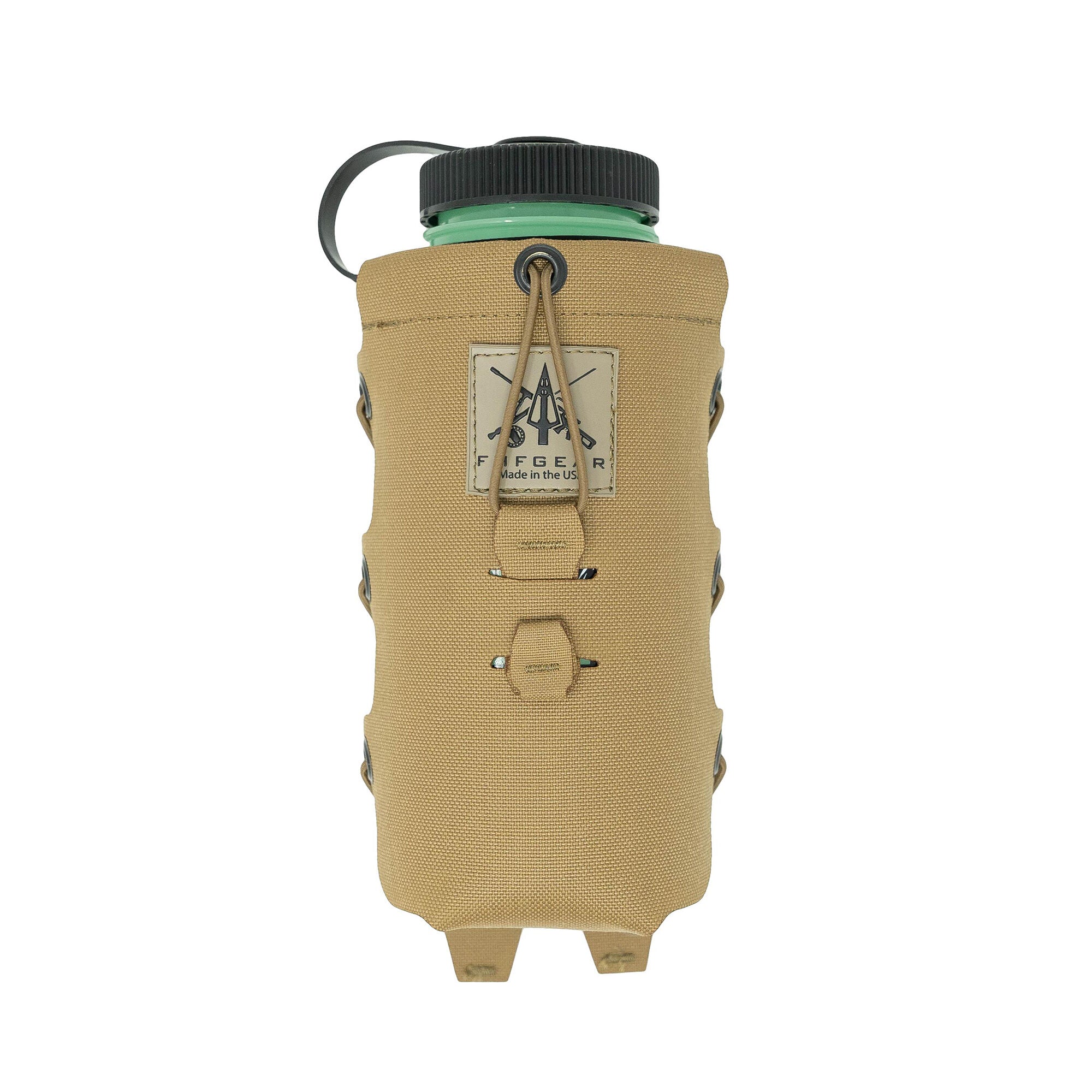 Tan tactical bottle carrier with green Nalgene, black cap, drawstring, and side loops.