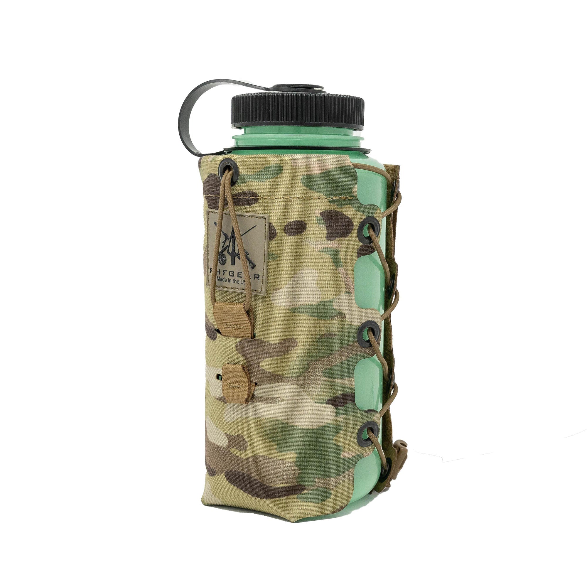 Mint green water bottle with black cap and handle, in a multicam camo sleeve with paracord lacing.