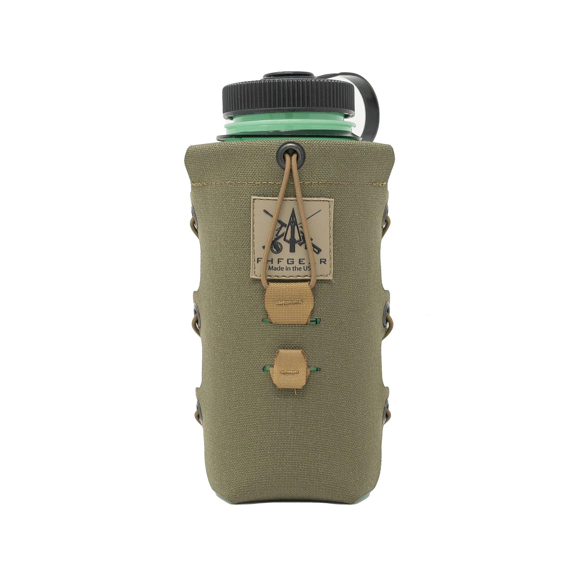 Olive green FHF Gear tactical water bottle pouch, black cap, green bottle neck.