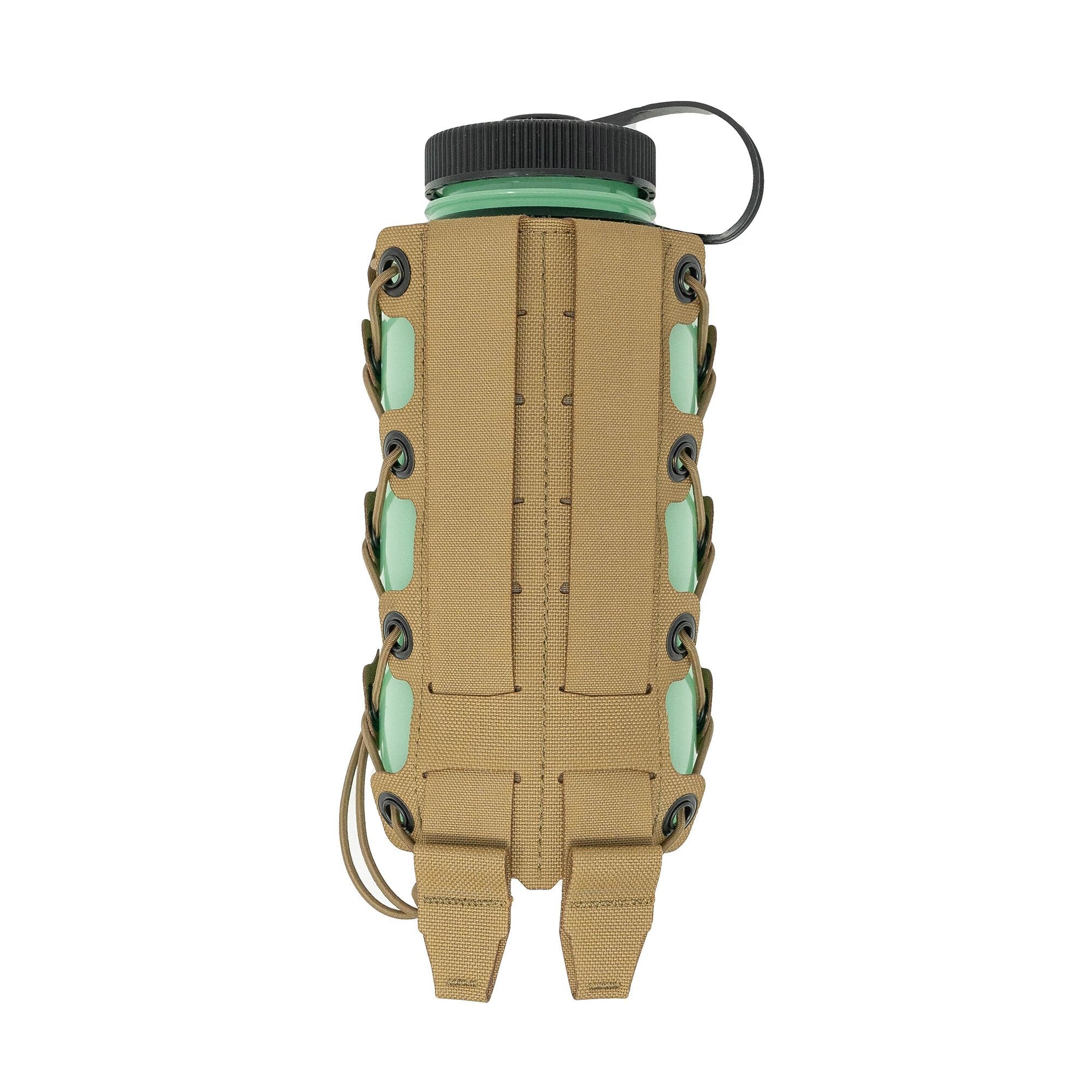 Tan tactical bottle holder with side lacing encasing a light green bottle with black cap.