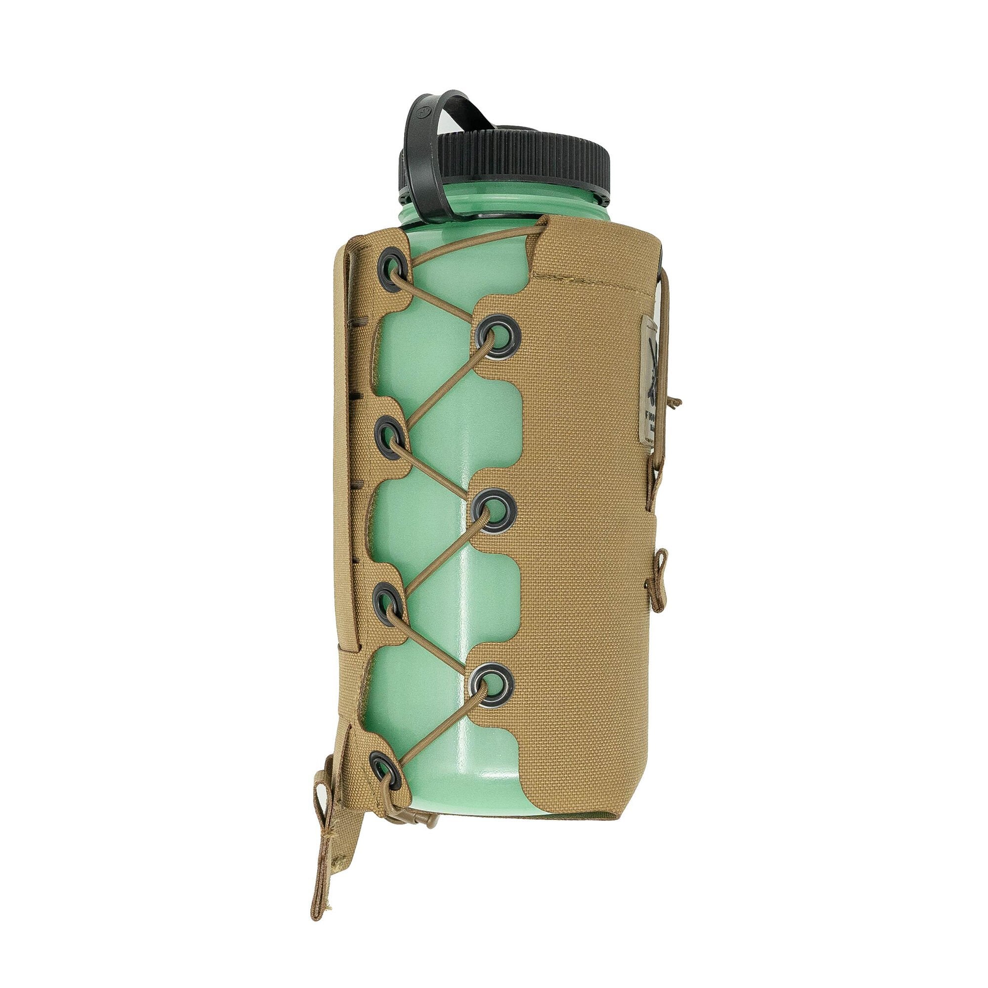 Mint green water bottle with black cap/handle, in a tan laced carrier.