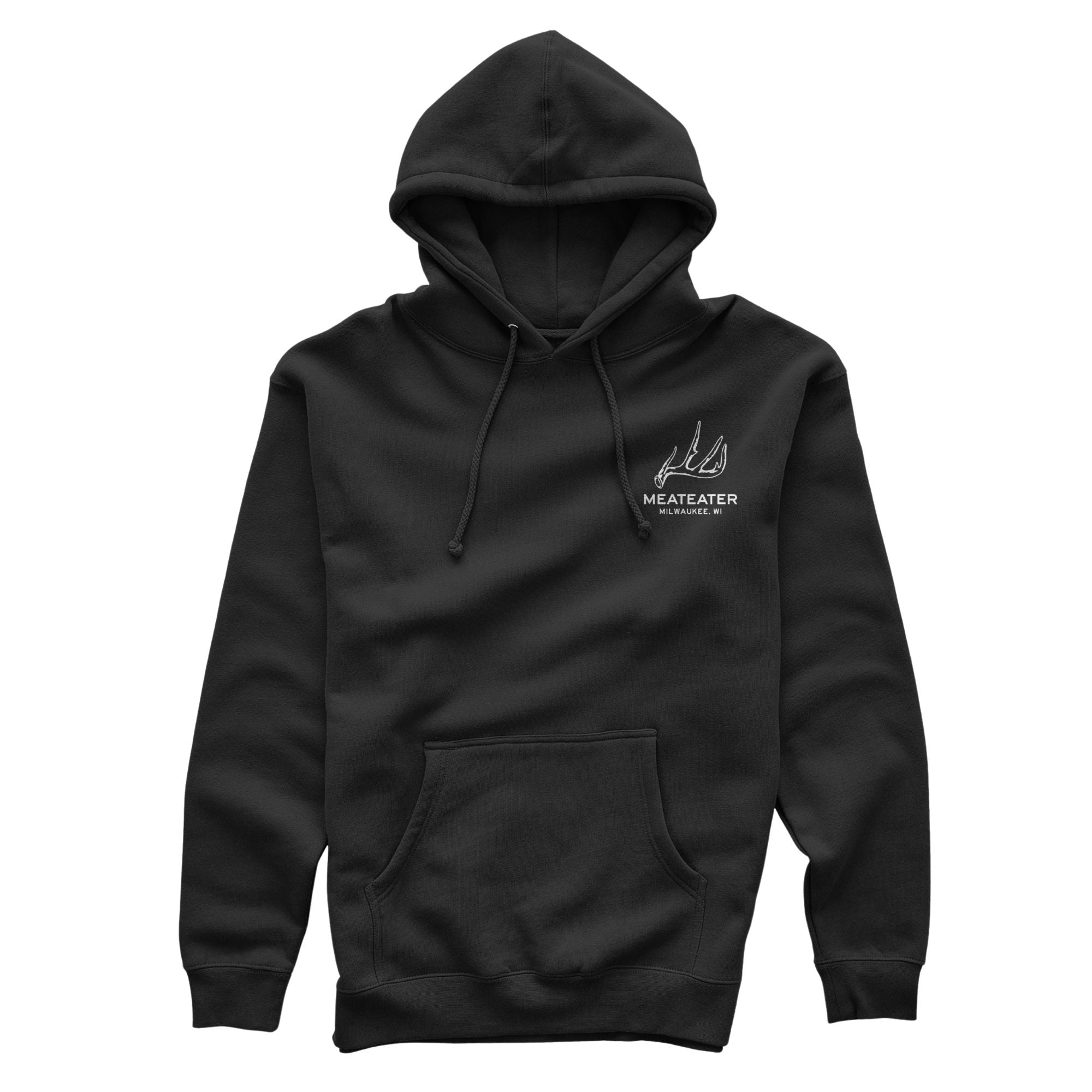 Black hoodie featuring "MEATEATER" and small deer antlers above, drawstring hood, and kangaroo pocket.