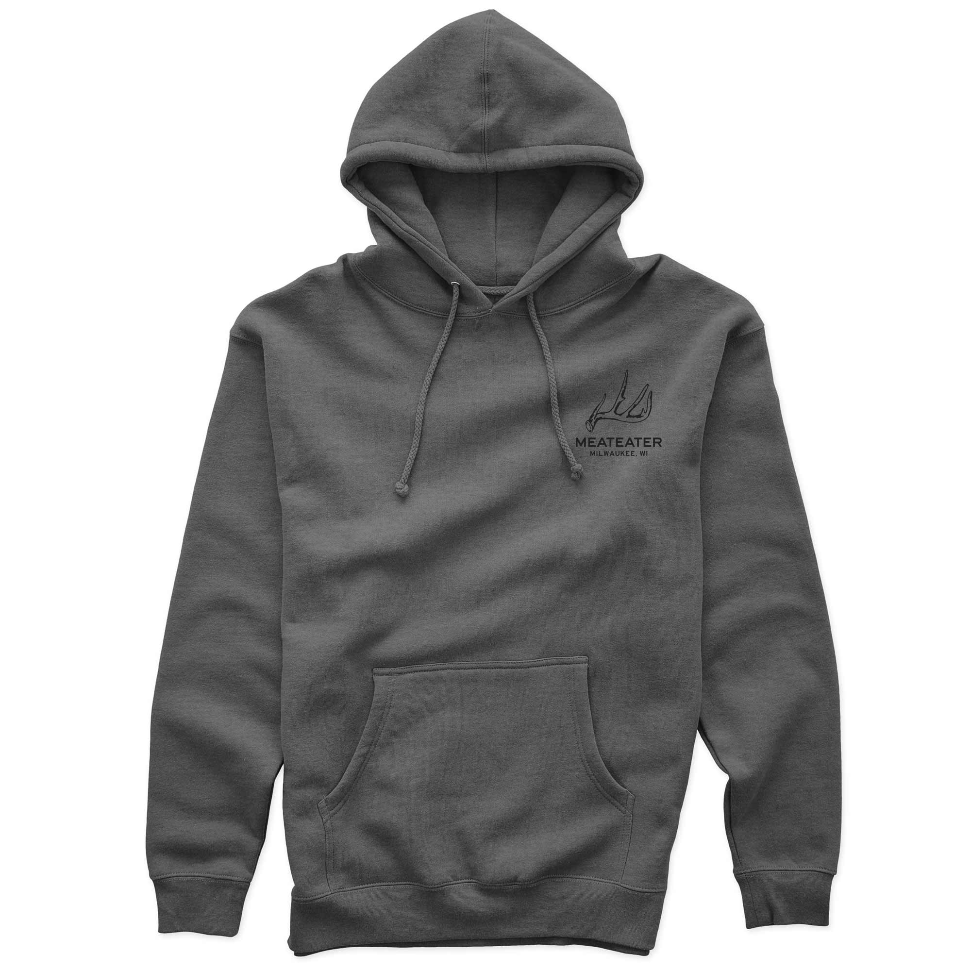 A dark gray pullover hoodie with a drawstring hood, kangaroo pocket, and a subtle black 'MEATEATER' logo printed on the left chest, shown against a plain white background.