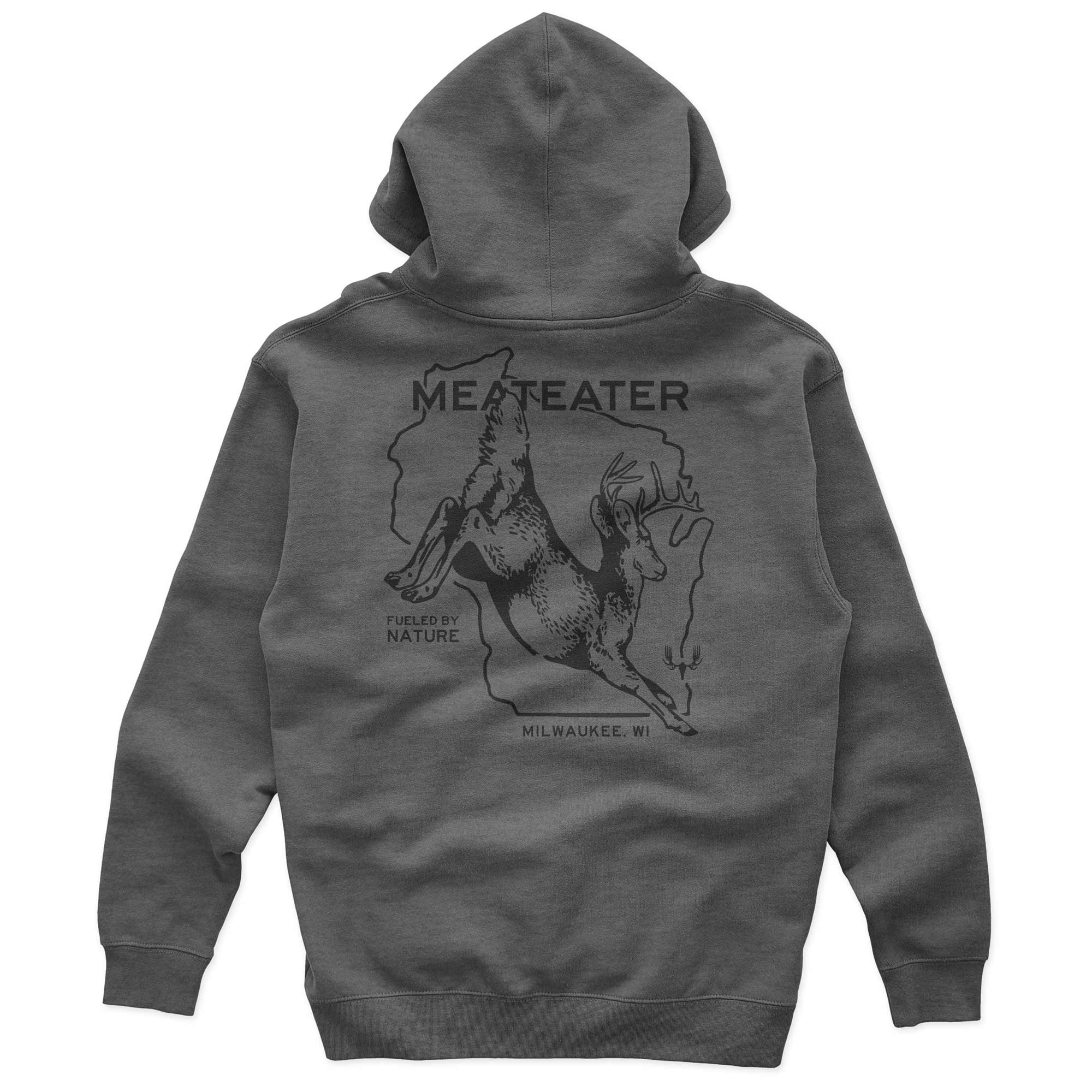 Back of a charcoal hooded sweatshirt with a Wisconsin outline, whitetail buck, and "MeatEater Milwaukee WI" text
