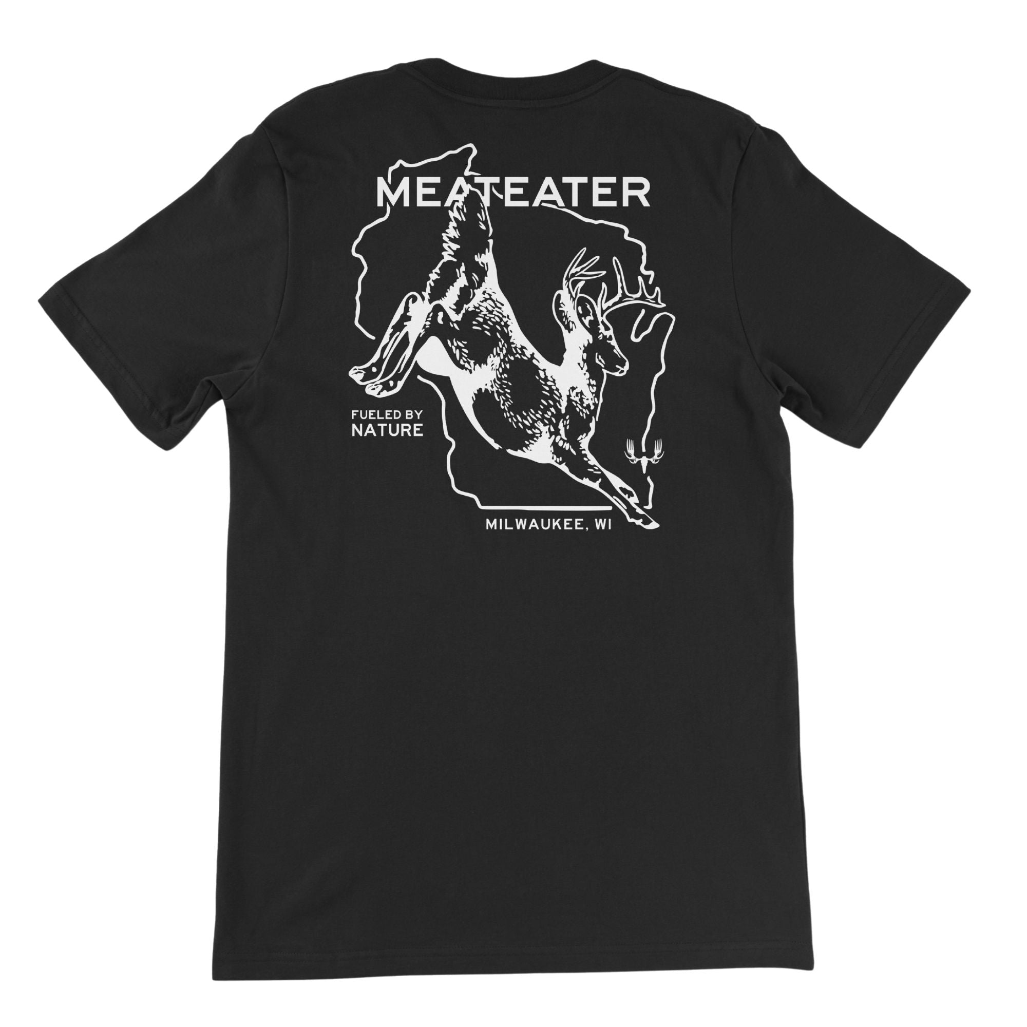 Black t-shirt featuring "MEATEATER MILWAUKEE, FUELED BY NATURE" with a Wisconsin map and a whitetail deer jumping