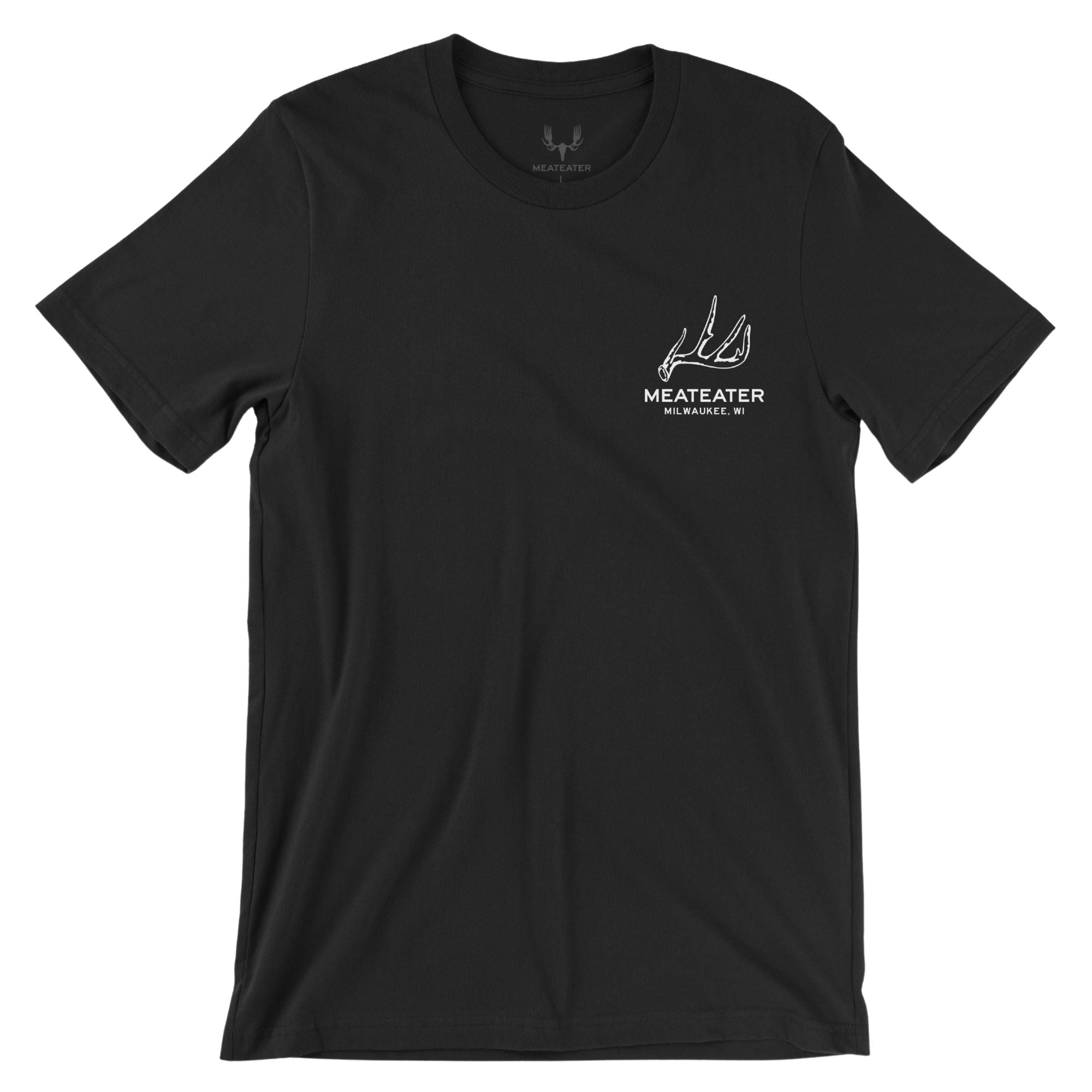 Black t-shirt featuring "MEATEATER" and small deer antlers above