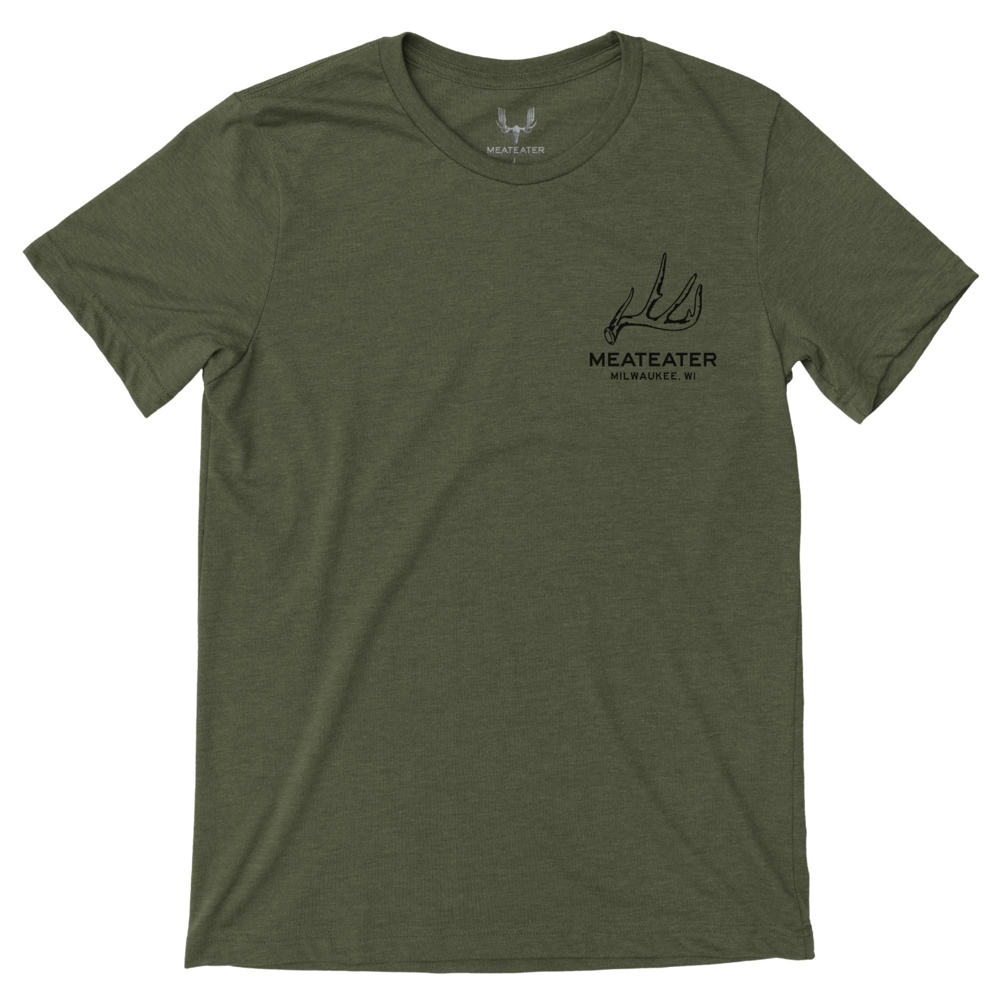 Military green t-shirt featuring "MEATEATER" and small deer antlers above