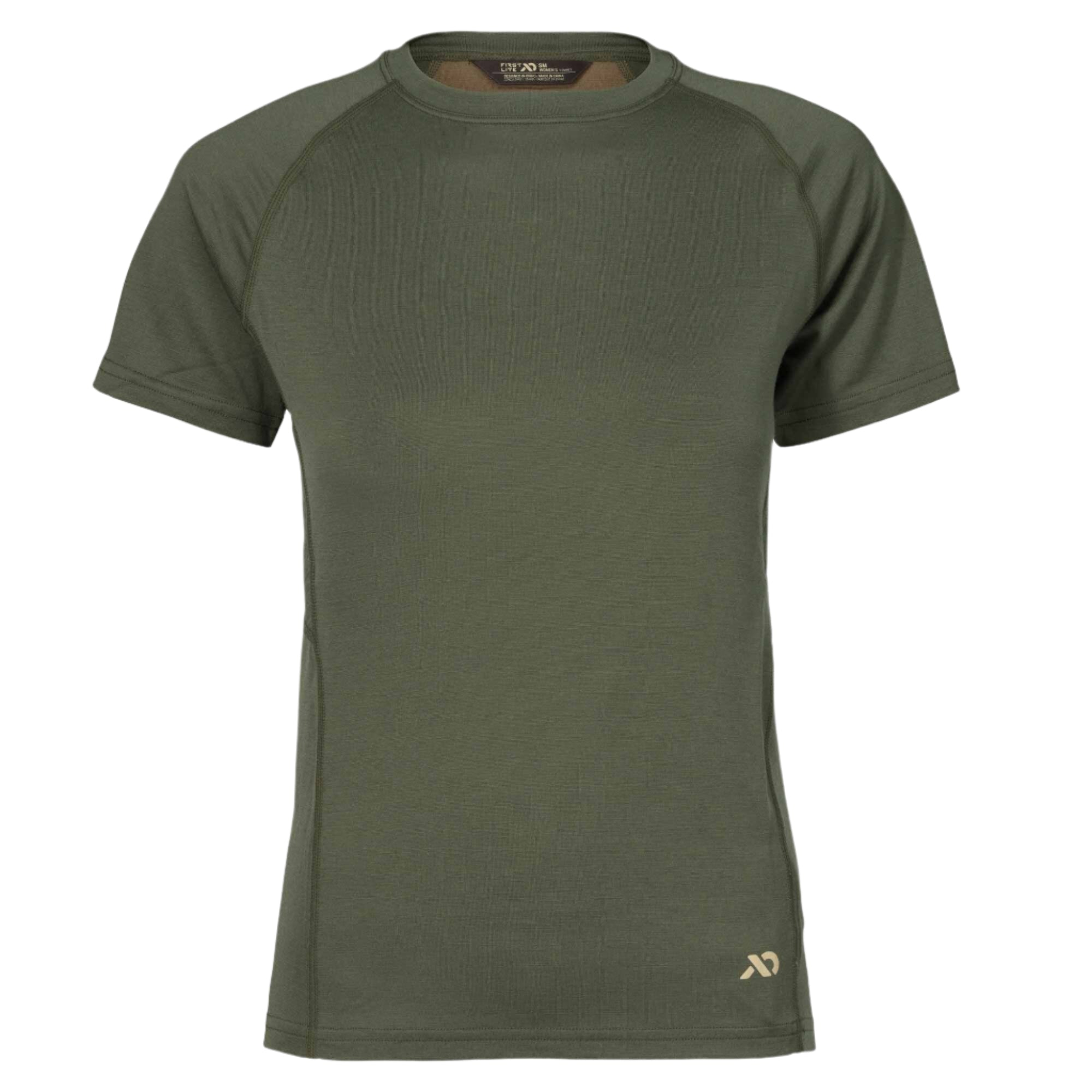 Dark olive green short-sleeve crew neck t-shirt with raglan sleeves, subtle textured fabric, and a small tan logo on the lower right.