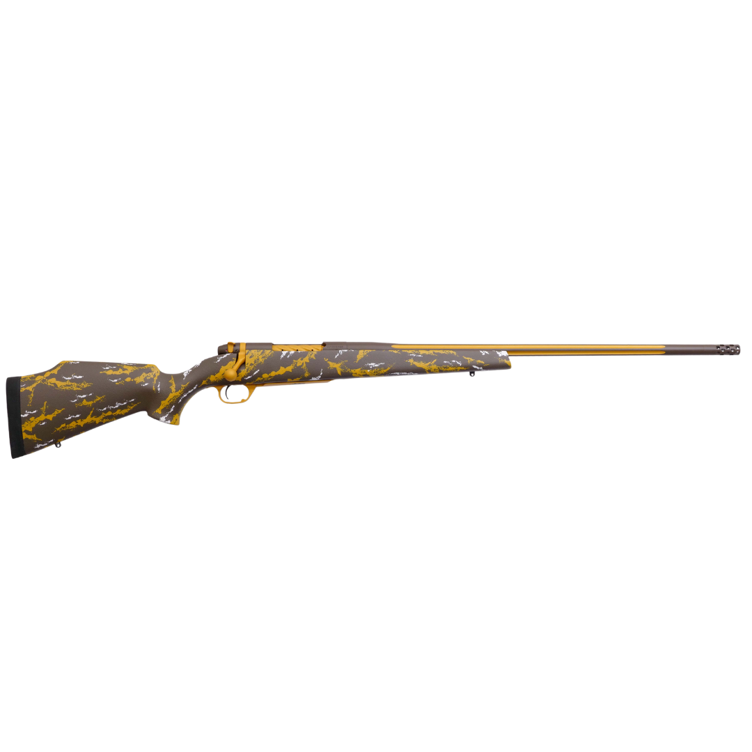 Brown and yellow patterned rifle with gold barrel, bolt, trigger, and muzzle brake.