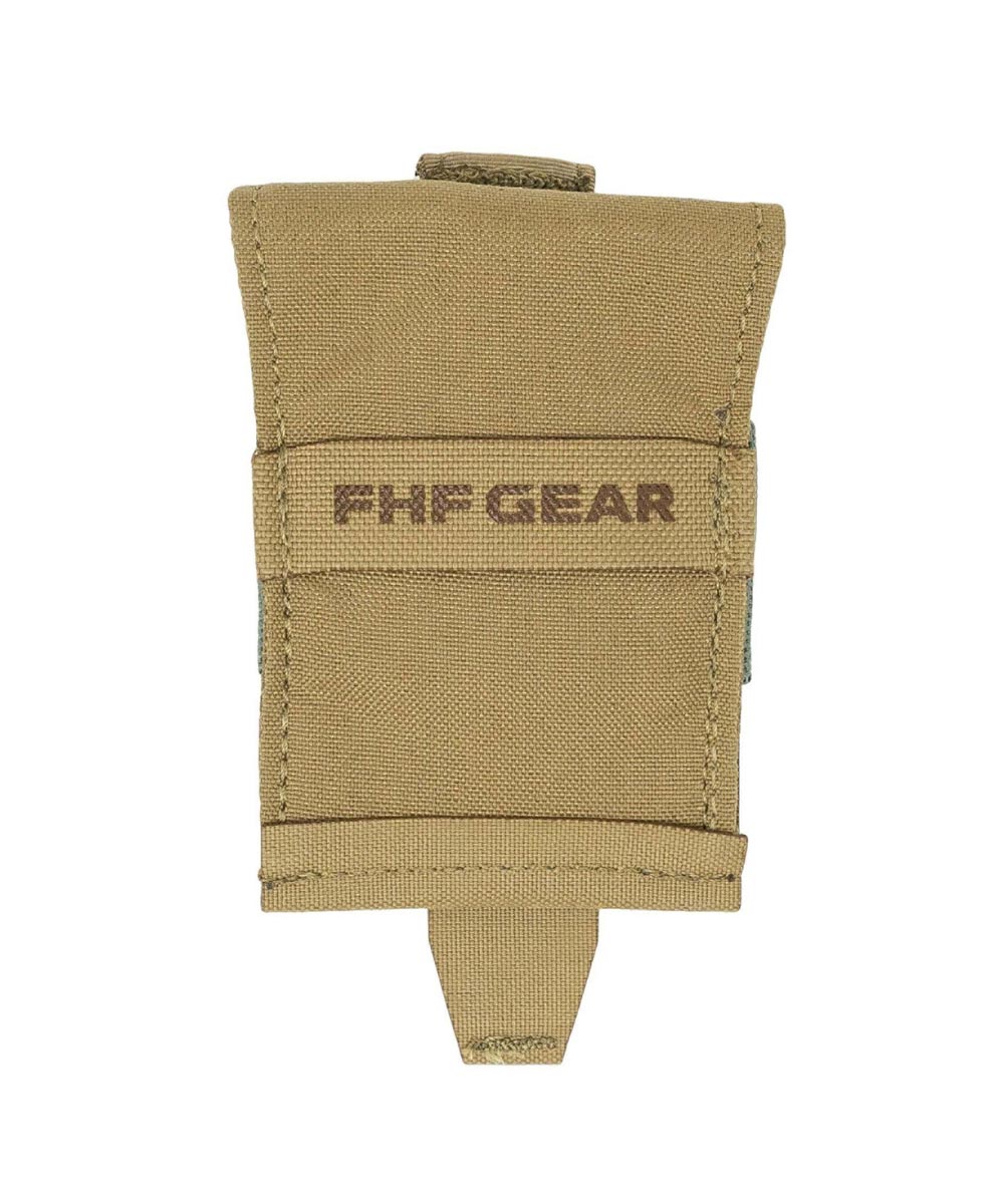 Tan FHF GEAR utility pouch with top flap and bottom pull tab.