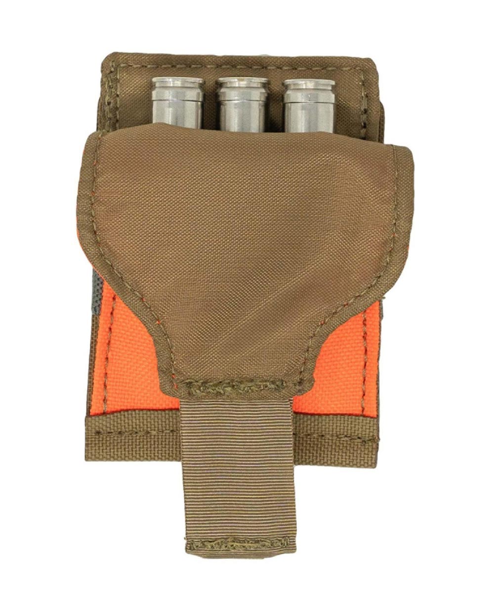 Coyote tan and orange tactical pouch holding 3 silver cartridges.