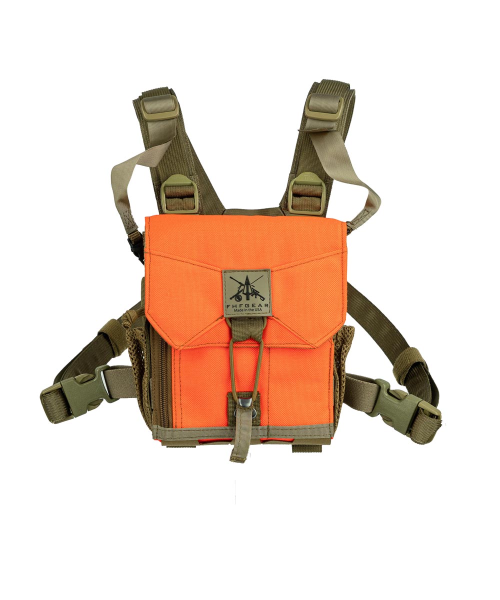 Orange and olive binocular chest harness with front flap and FHF Gear logo.