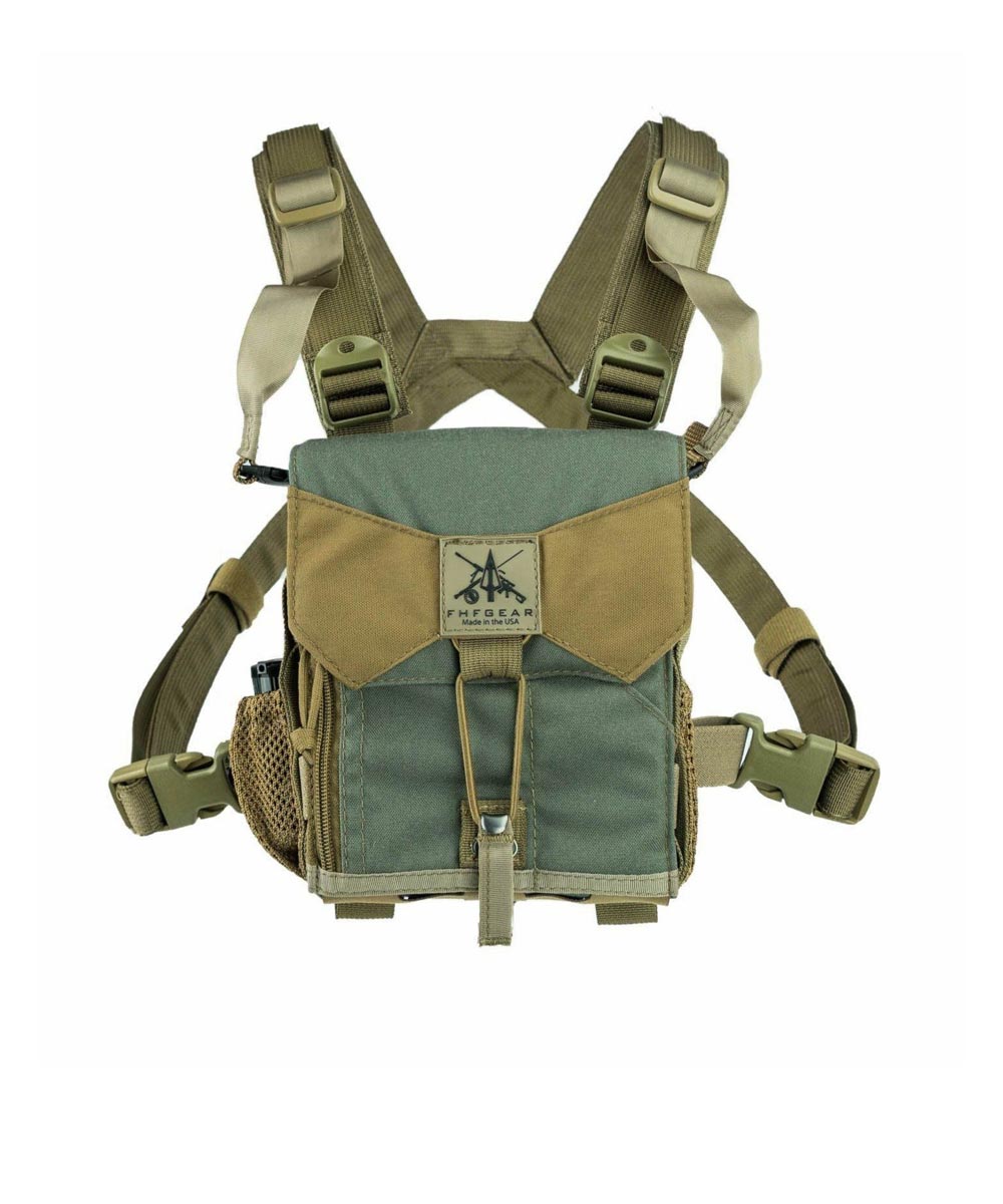 Green and tan binocular harness with adjustable straps and side mesh pocket.