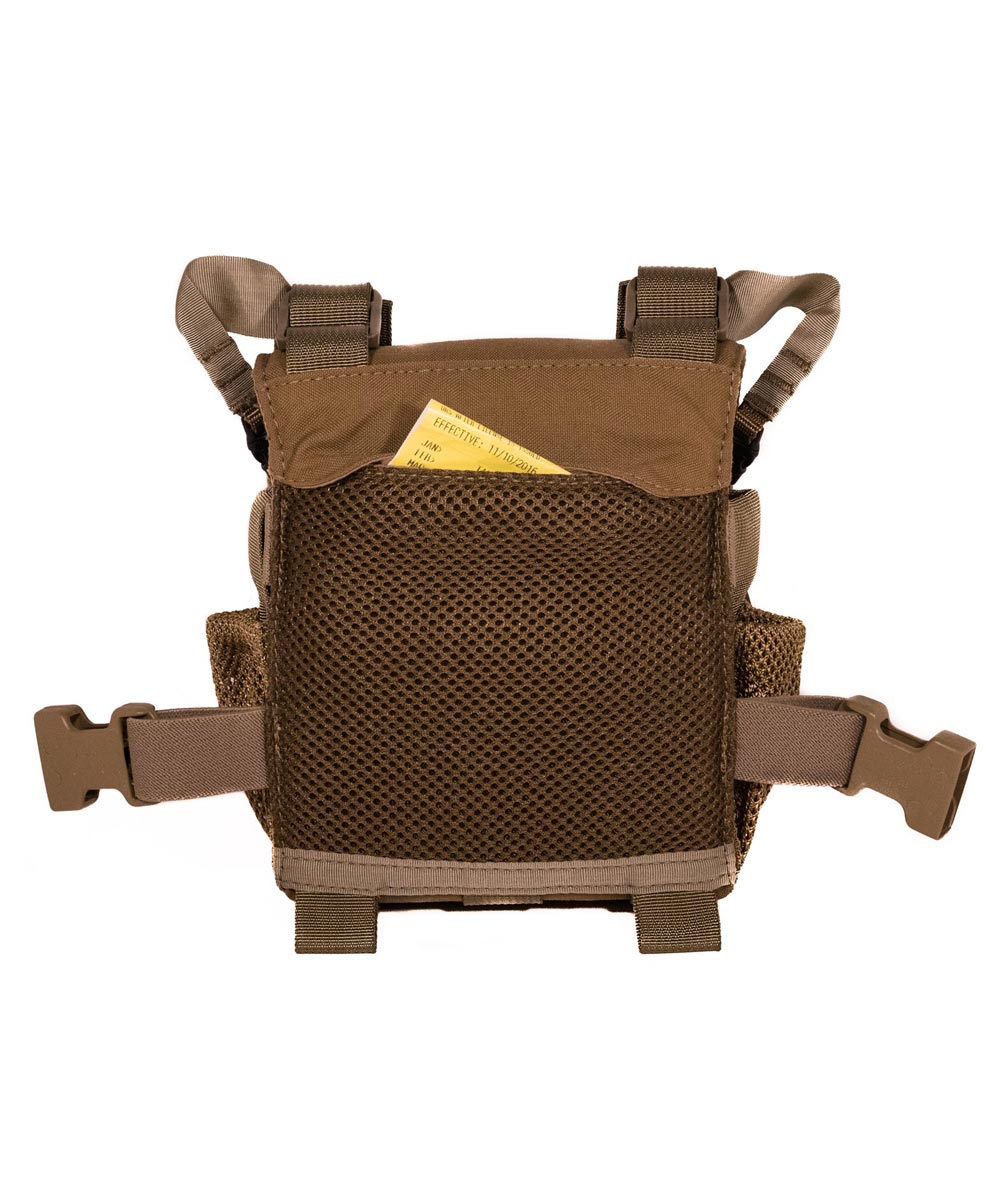 Brown tactical chest rig with mesh pocket, top flap, adjustable straps, and side buckles.