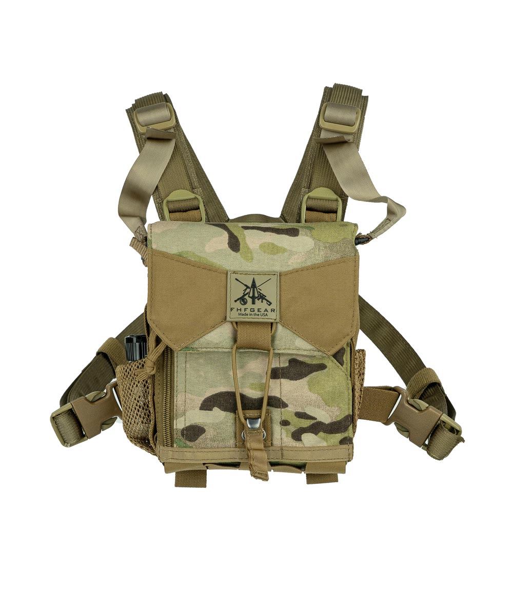 MultiCam binocular chest harness, coyote straps, front flap, mesh pocket, FHF Gear logo.