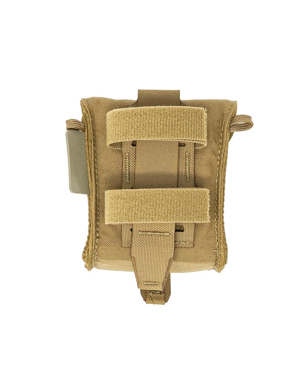 Coyote brown MOLLE pouch with two front velcro straps and a side pull tab.