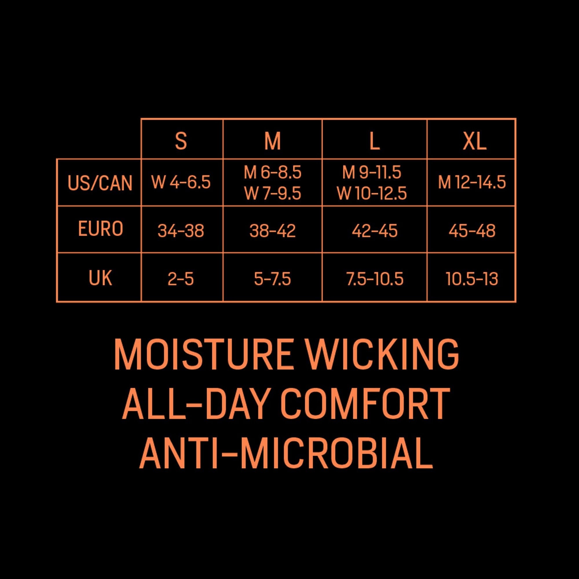 Orange and black size chart with S-XL international shoe sizes and product features: moisture wicking, all-day comfort, anti-microbial.