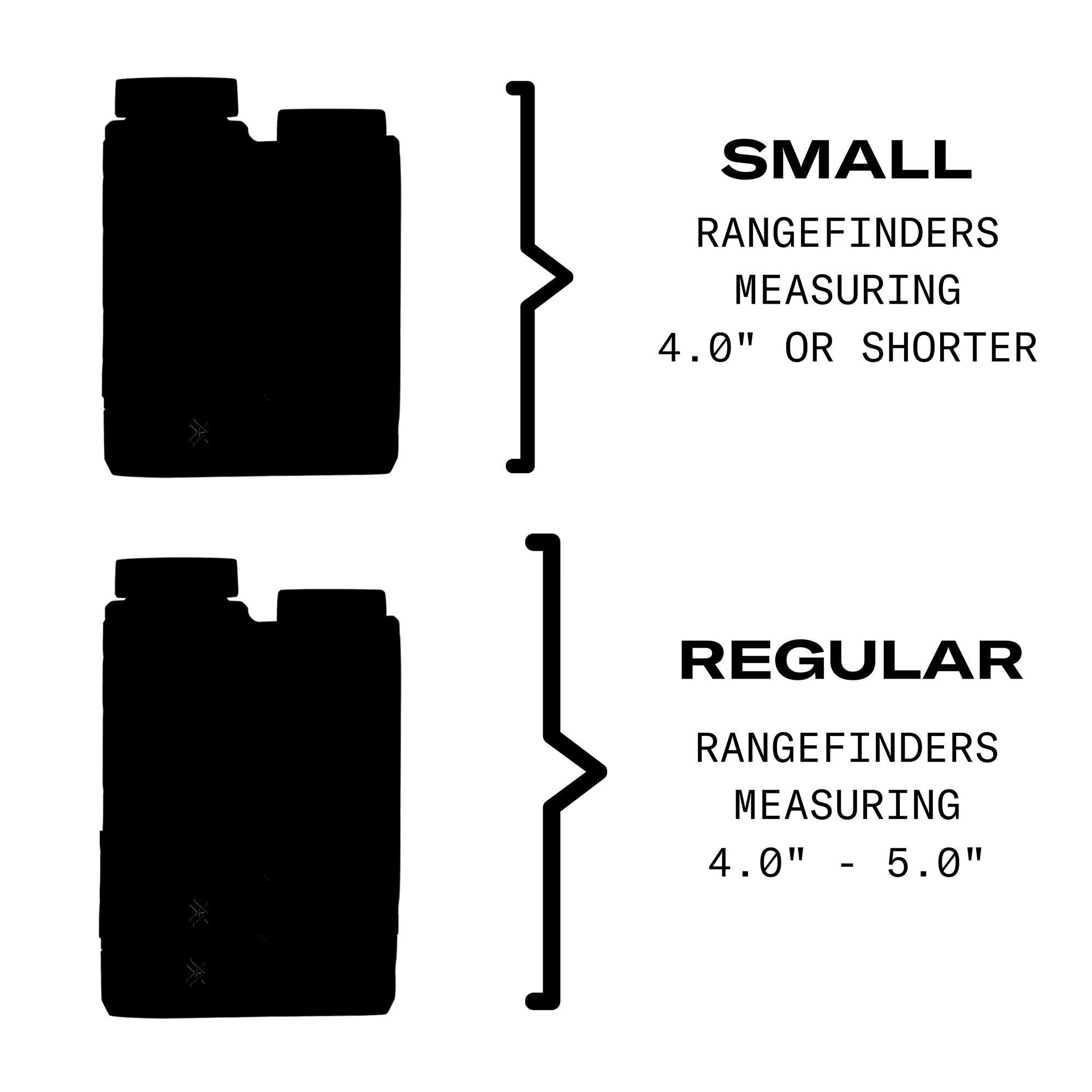 Two black rangefinder silhouettes comparing small (4.0" or shorter) and regular (4.0"-5.0").