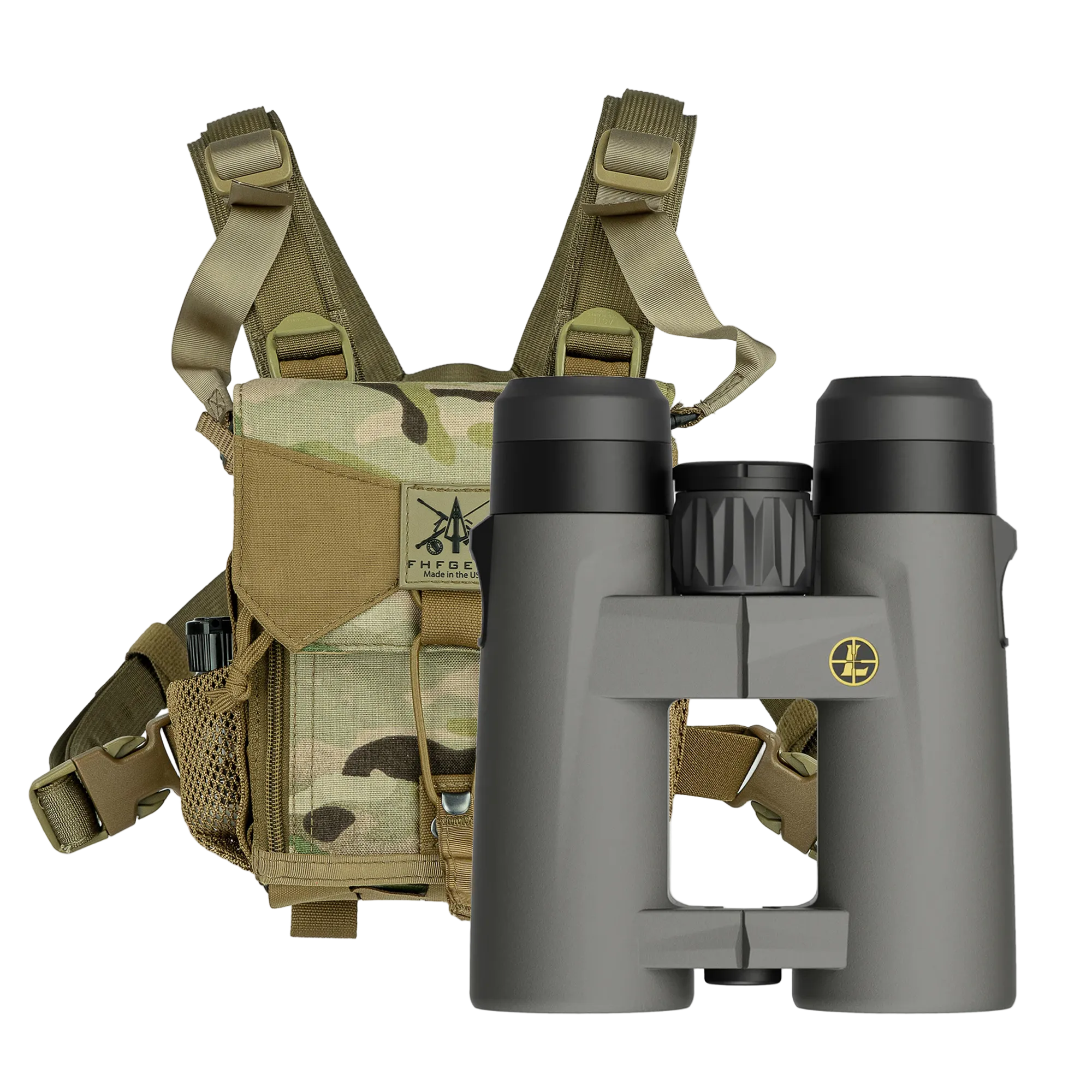 Binoculars with binocular harness on a white background