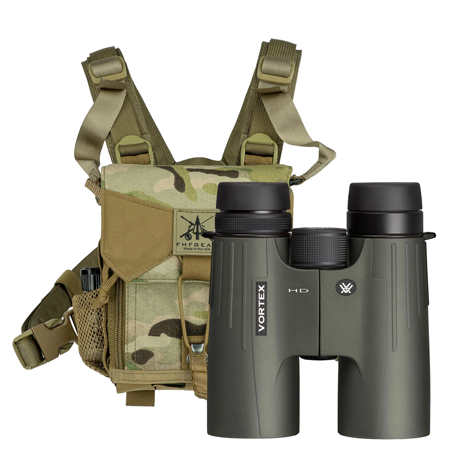 Vortex binoculars with a binocular harness on a white background