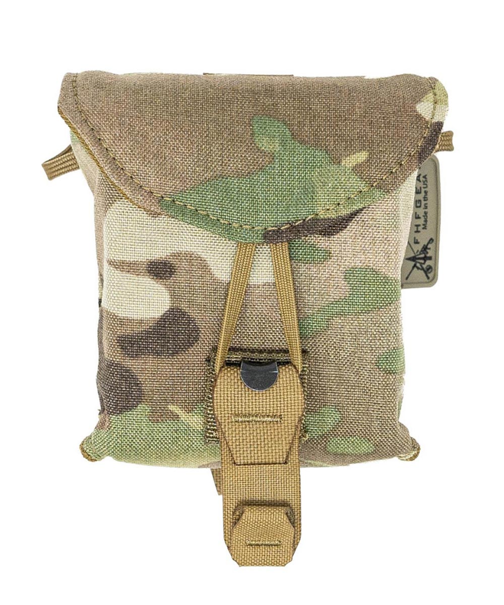 Multicam utility pouch with flap closure, tan elastic cord, and hook.