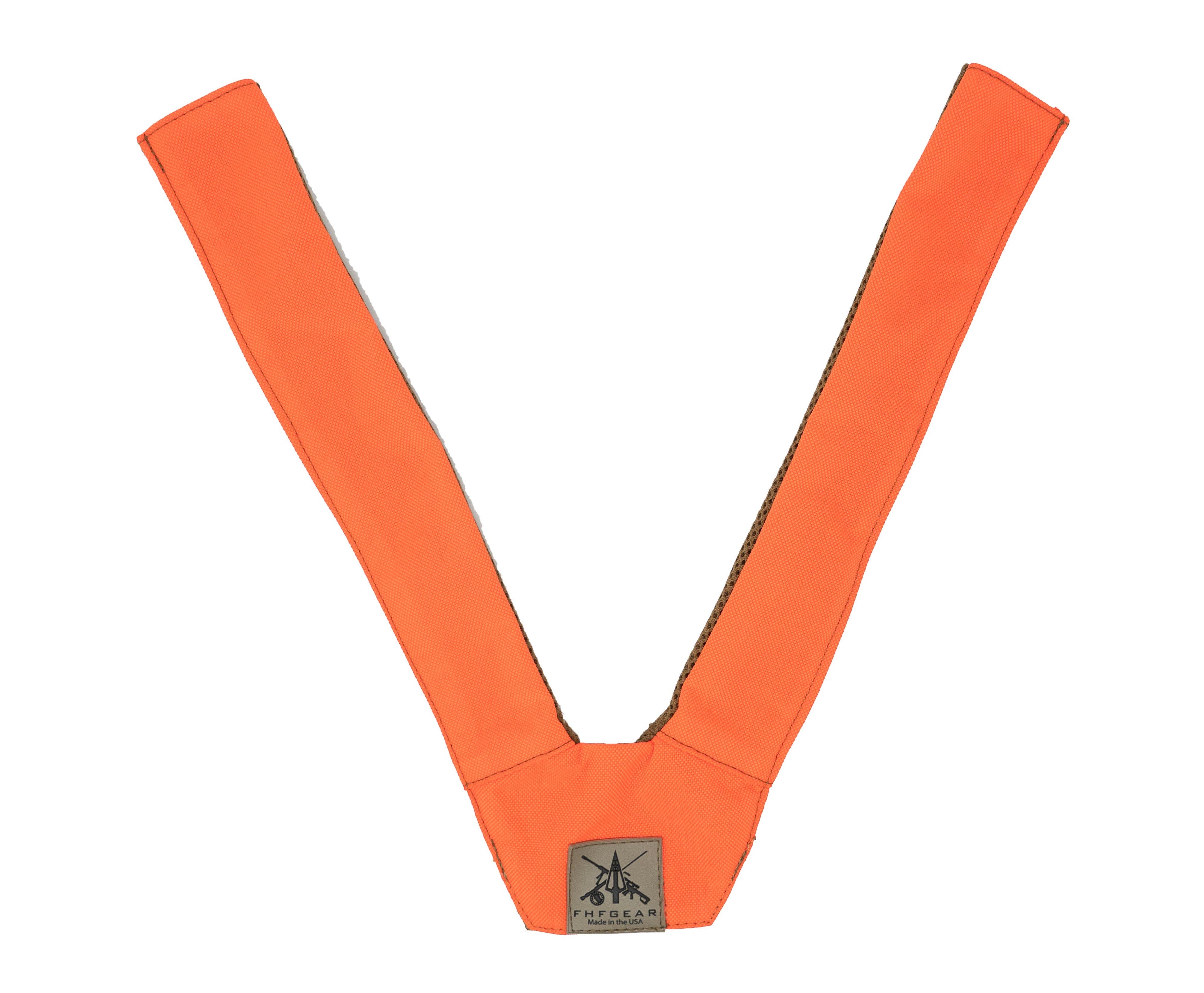 Bright orange V-shaped harness strap with textured fabric, FHFGEAR logo, and dark backing.