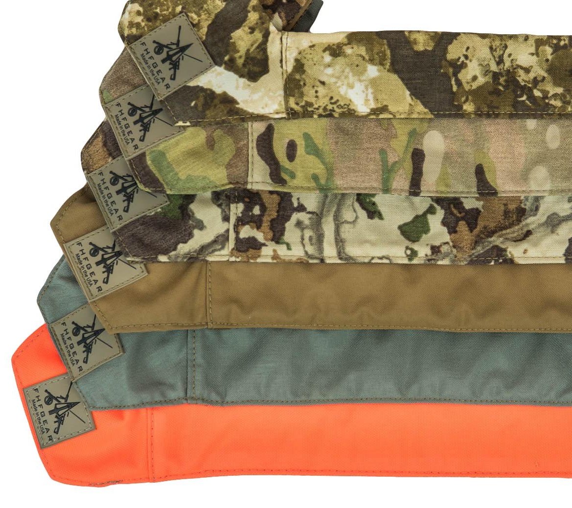 Stack of FHF GEAR rifle slings in camo, brown, green, and blaze orange, with logo tags.