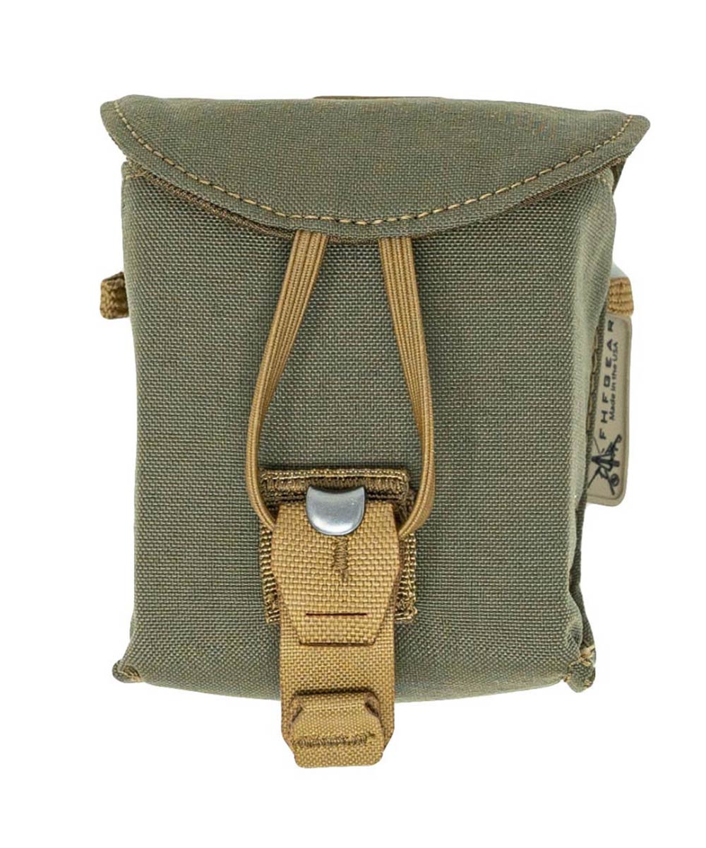 Olive green flap pouch with tan bungee retention and webbing strap.