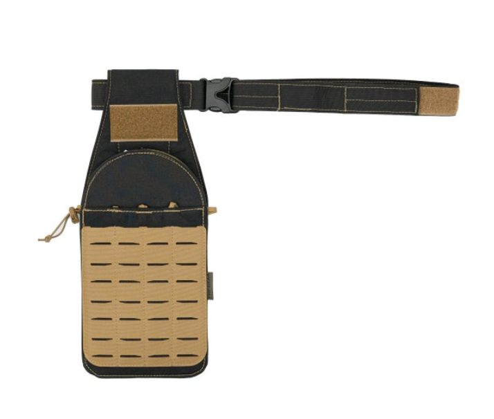 Black and tan modular drop leg rig with laser-cut PALS slots and a quick-release belt buckle.