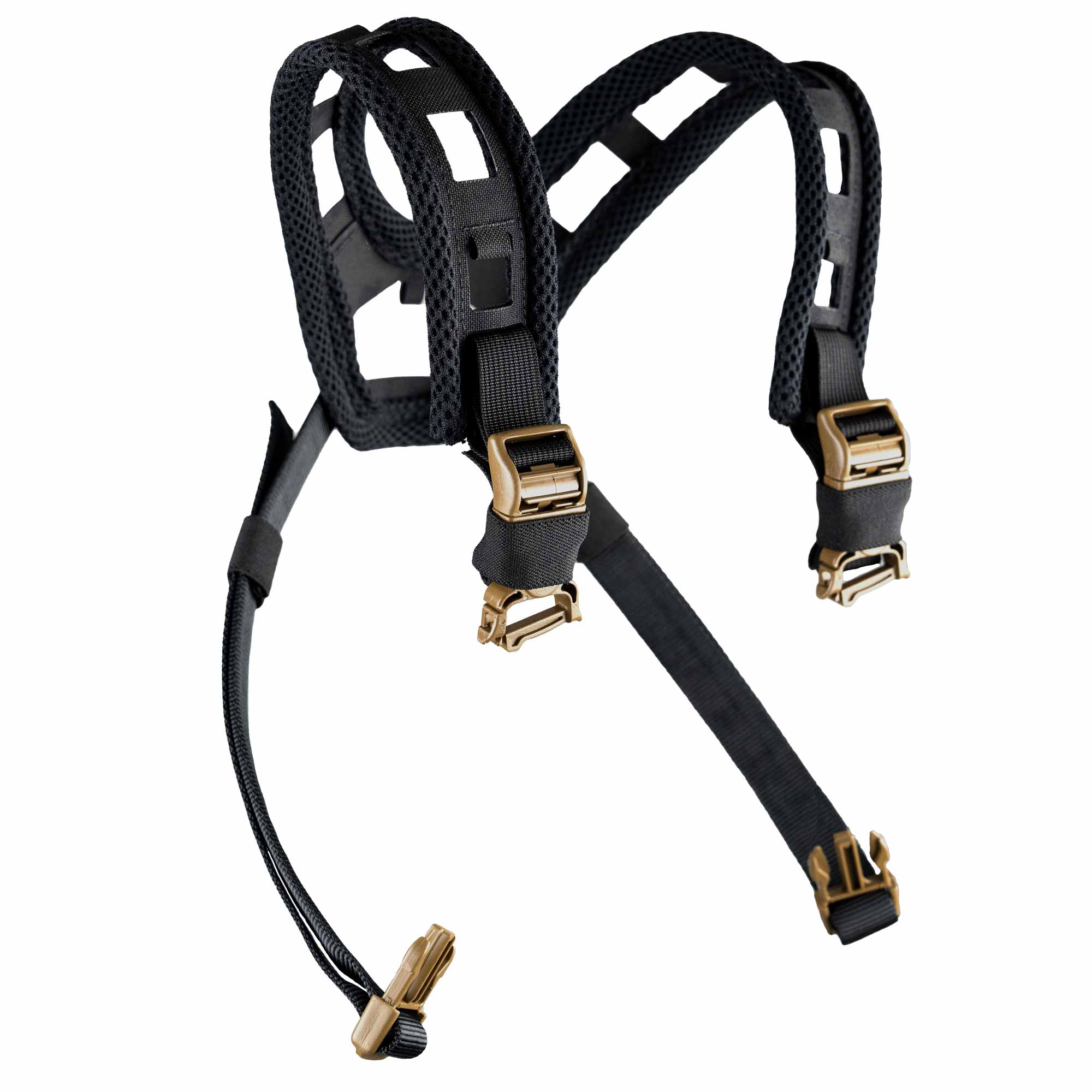 Black tactical shoulder harness with mesh padding, ventilation holes, and tan buckles.
