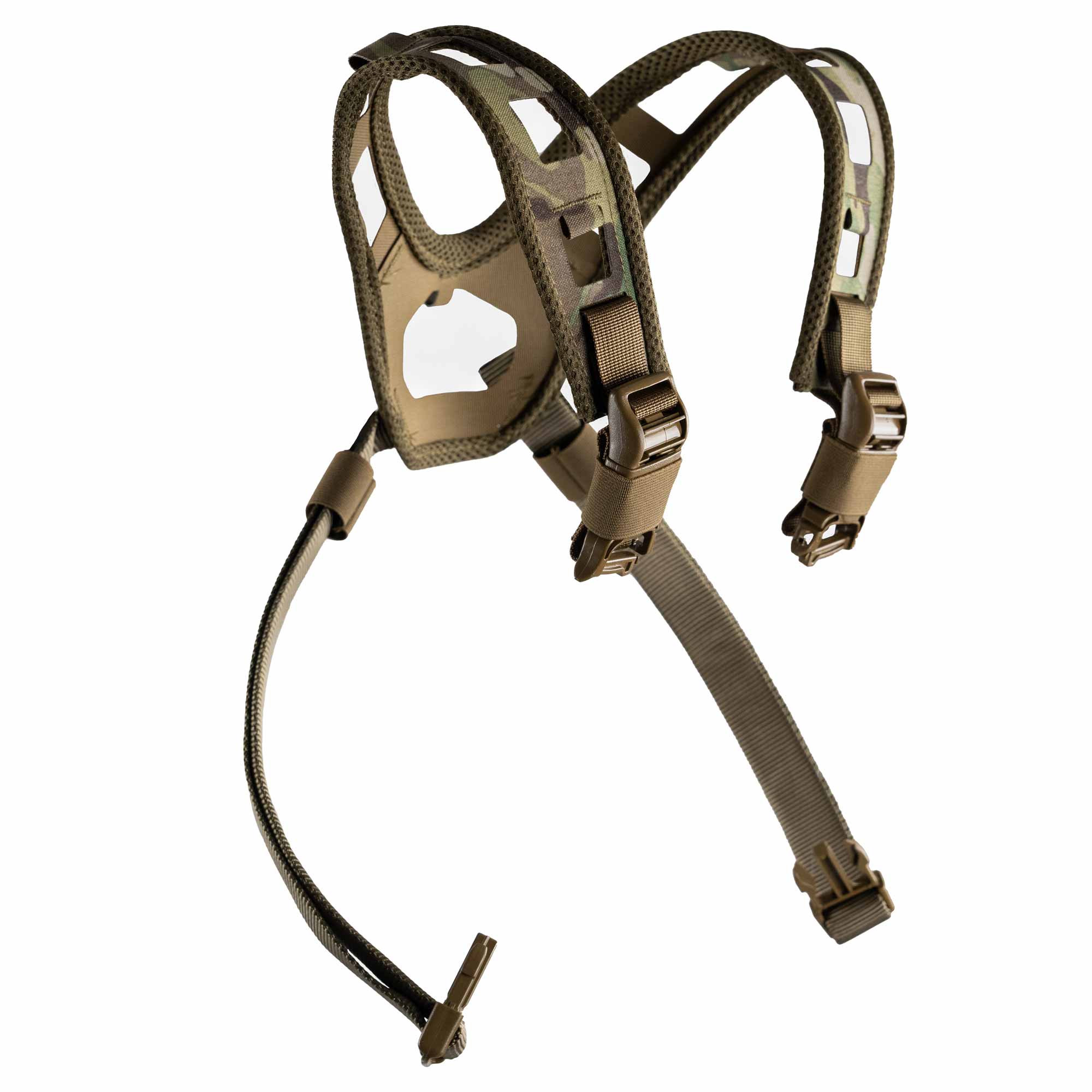 MultiCam tactical shoulder straps with mesh padding, modular cutouts, and buckles.