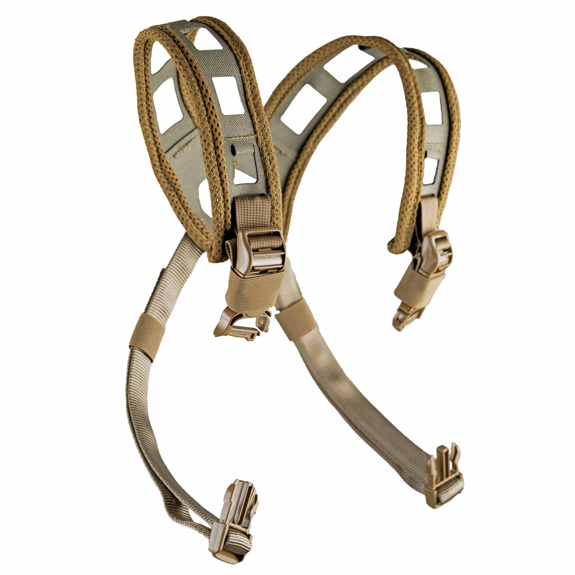 Coyote brown backpack harness with padded, perforated shoulder straps and quick-release buckles.