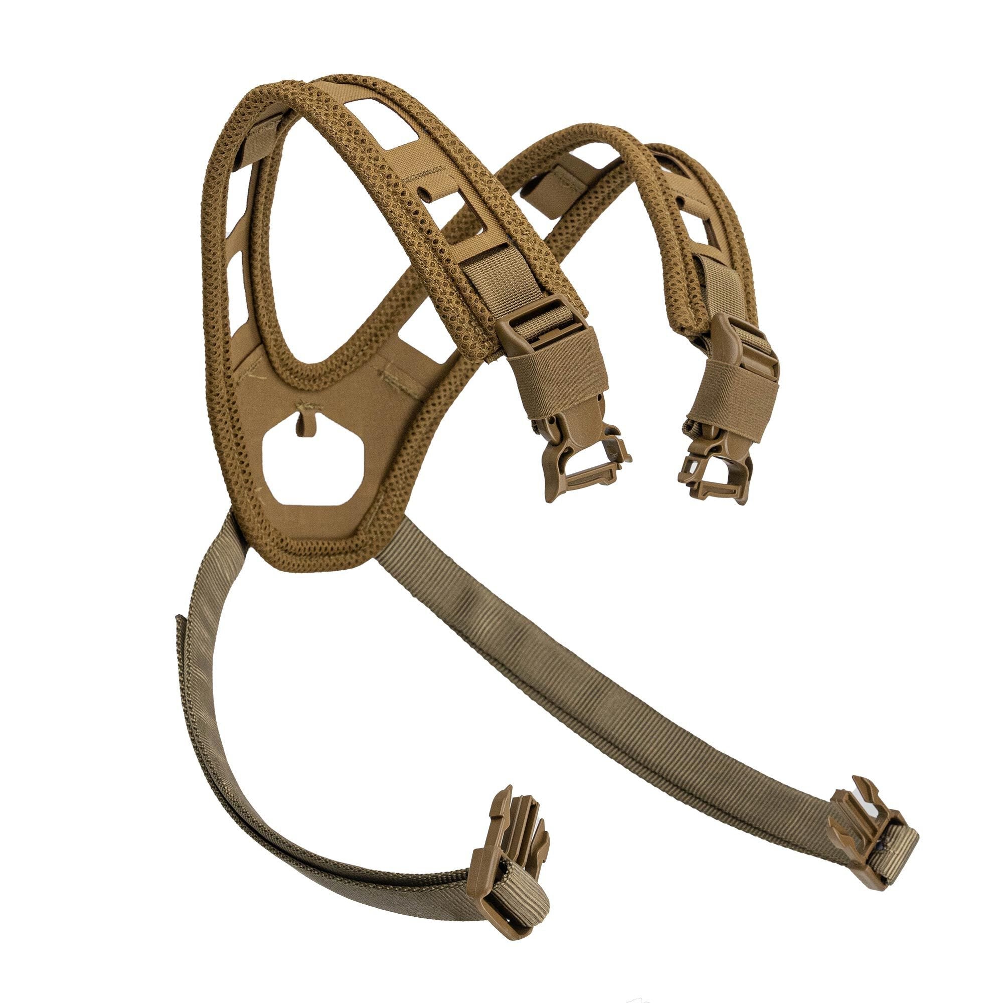 Tan tactical harness with ventilated mesh shoulder straps and buckles.