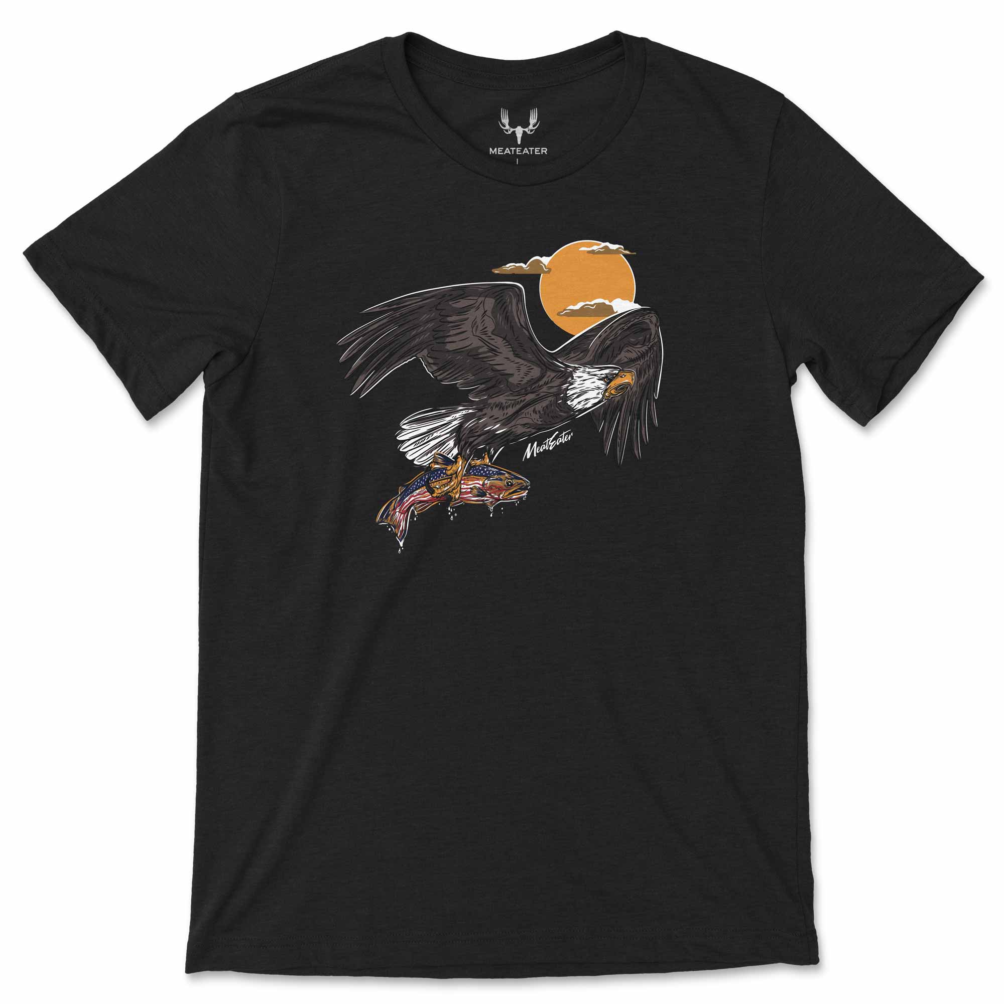 Black t-shirt with an eagle and fish graphic on a white background