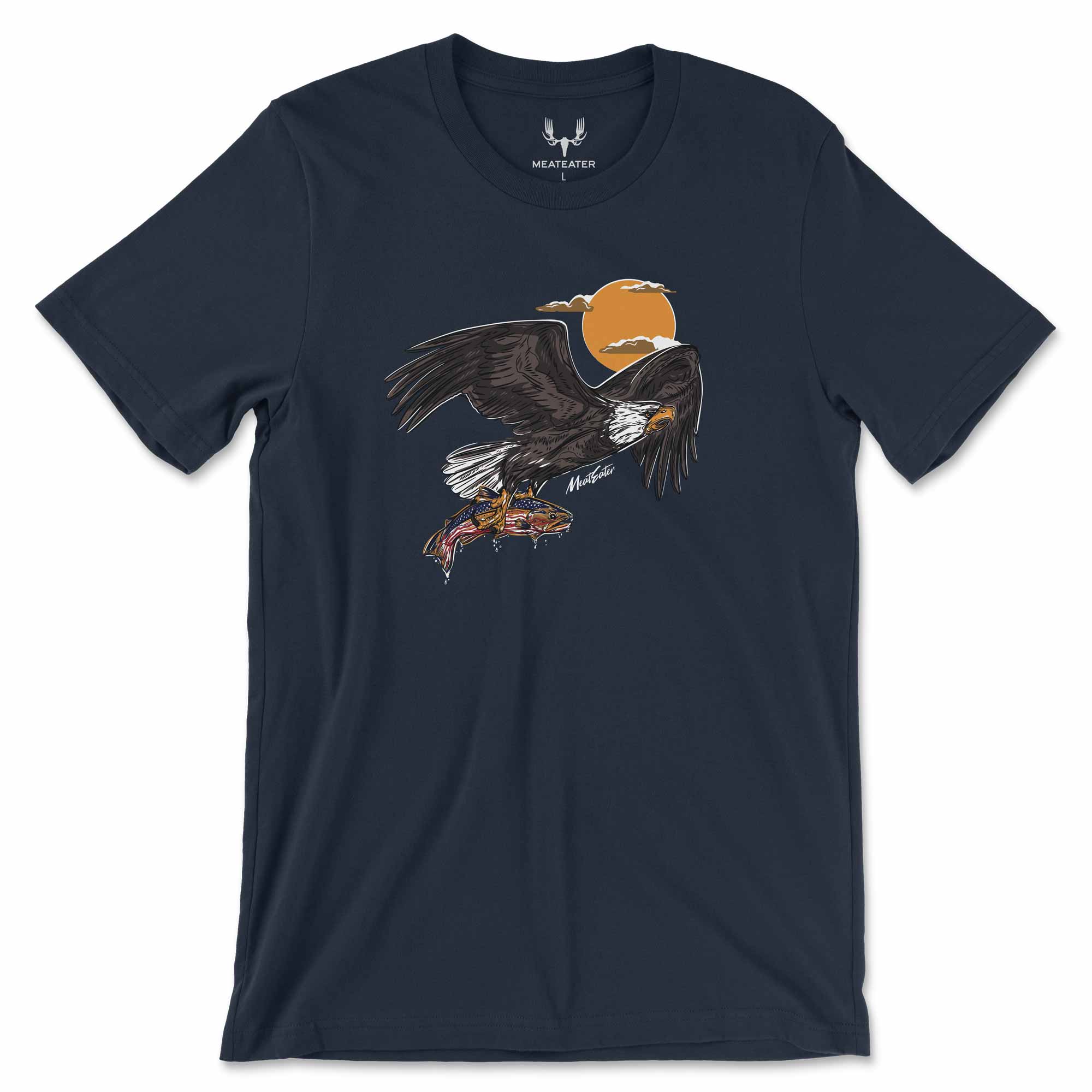 Navy blue t-shirt with an eagle and fish graphic on a white background