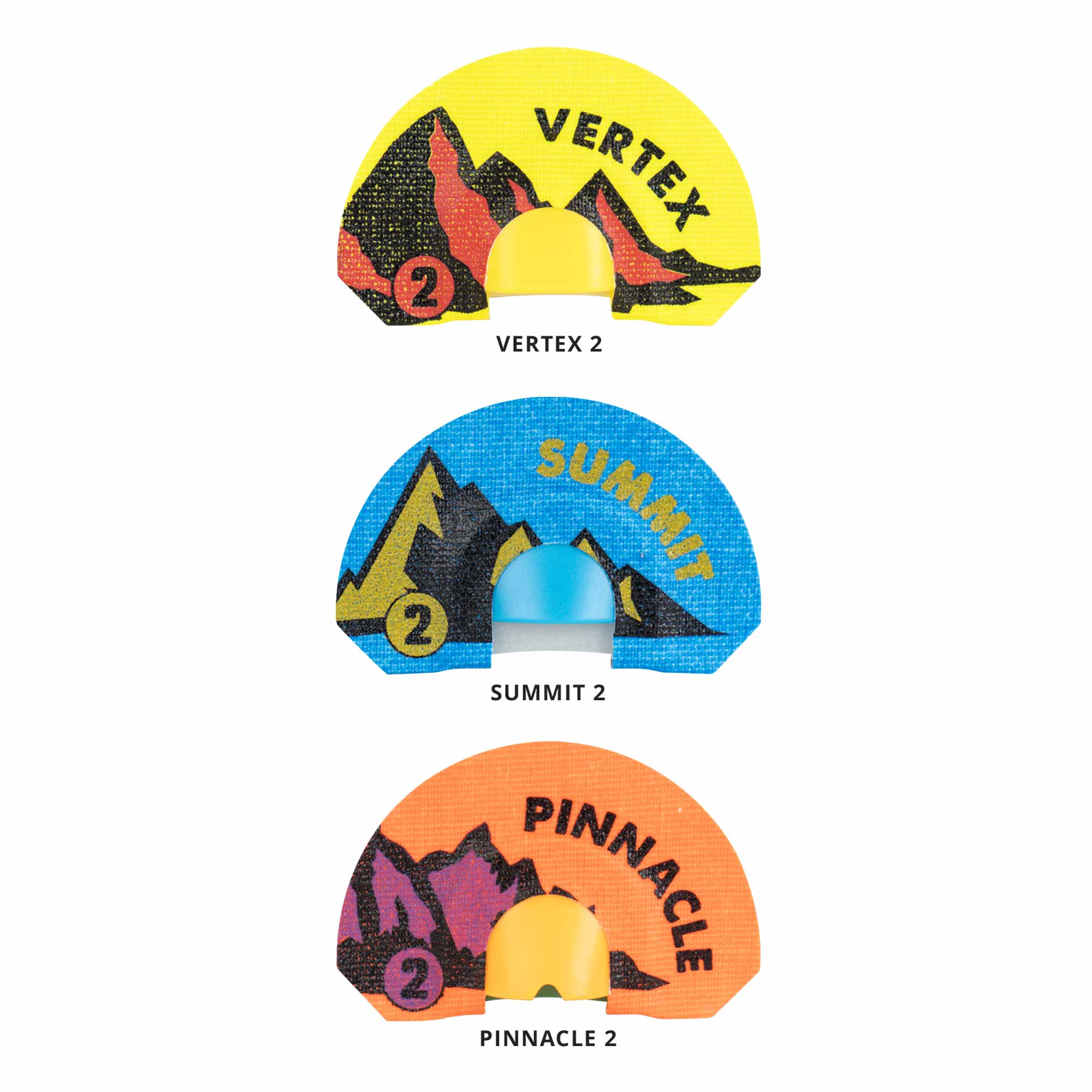 Three mouth calls: yellow Vertex, blue Summit, and orange Pinnacle.