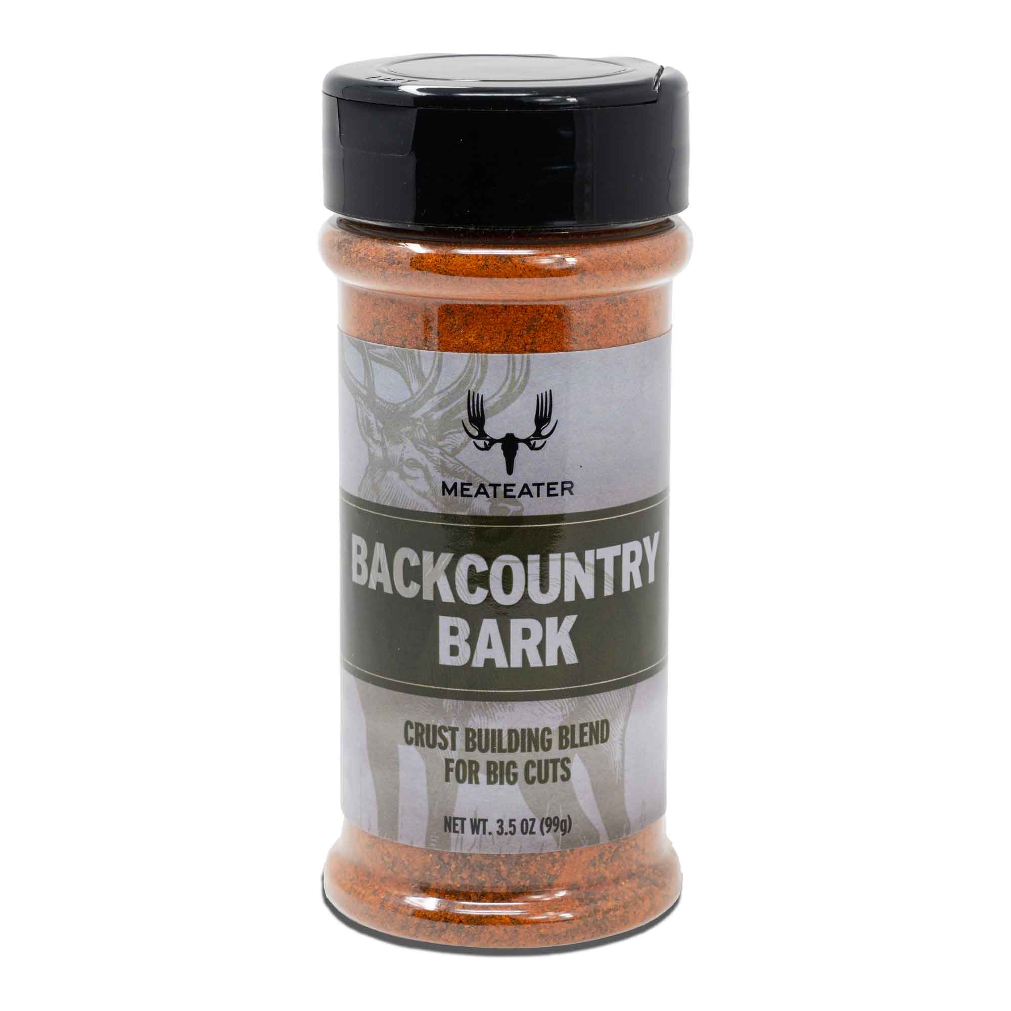 Bottle of Meateater Backcountry Bark seasoning on a white background